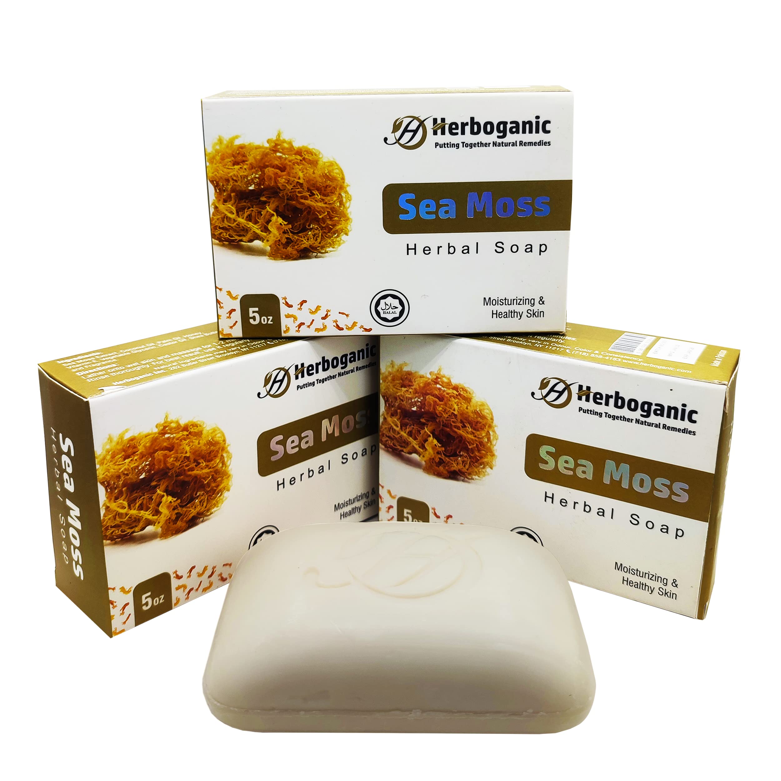 HERBOGANIC Sea Moss Herbal Soap | Pack of 3 of 5oz soap Bar | Natural Bar Soap for Face and Body | Hydrating and Nourishing | Su