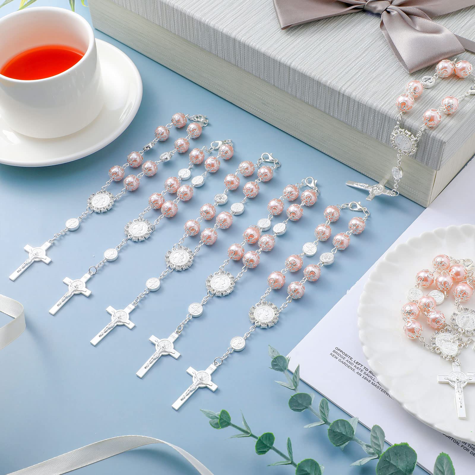 Tudomro 24 Pieces Baptism Rosary Pink Glass Rosary Beads Finger Baptism Rosaries Faux Pearls for Baptism Favors Christening Favo
