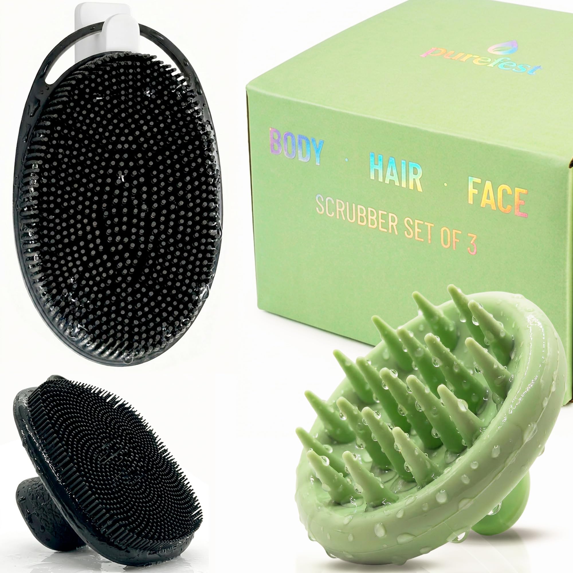 Purefest 3in1 Silicone Scrubber Set  Exfoliating Body Scrubber, Scalp Massager Shampoo Brush & Facial Cleansing Pad  Hygieni