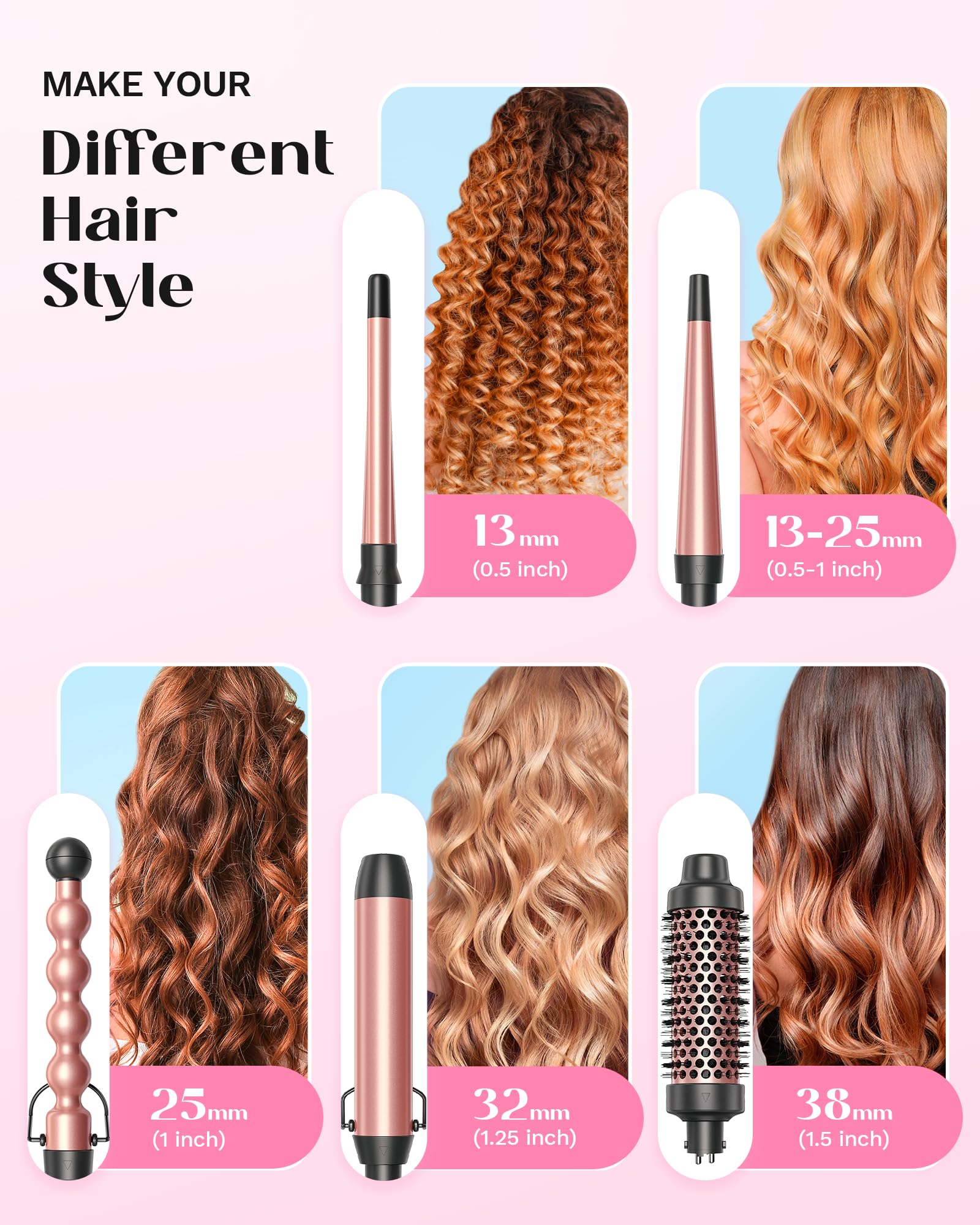 Wavytalk 5 in 1 Curling Iron Set - Ceramic Curling Wand (0.5”-1.25”), Rose Gold, Includes Heat Protective Glove & Clips