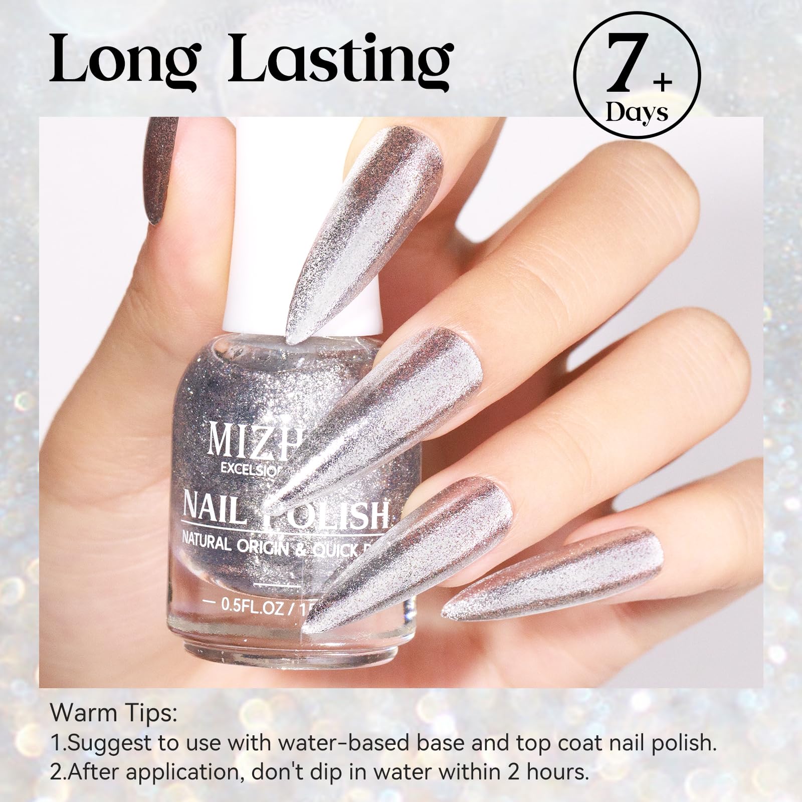 Mizhse Glitter Nail Polish, Metallic Silver Nail Polish Air Dry Fast, 15Ml High Glossy Sparkle Shiny Nail Pigment Water-Based Ch