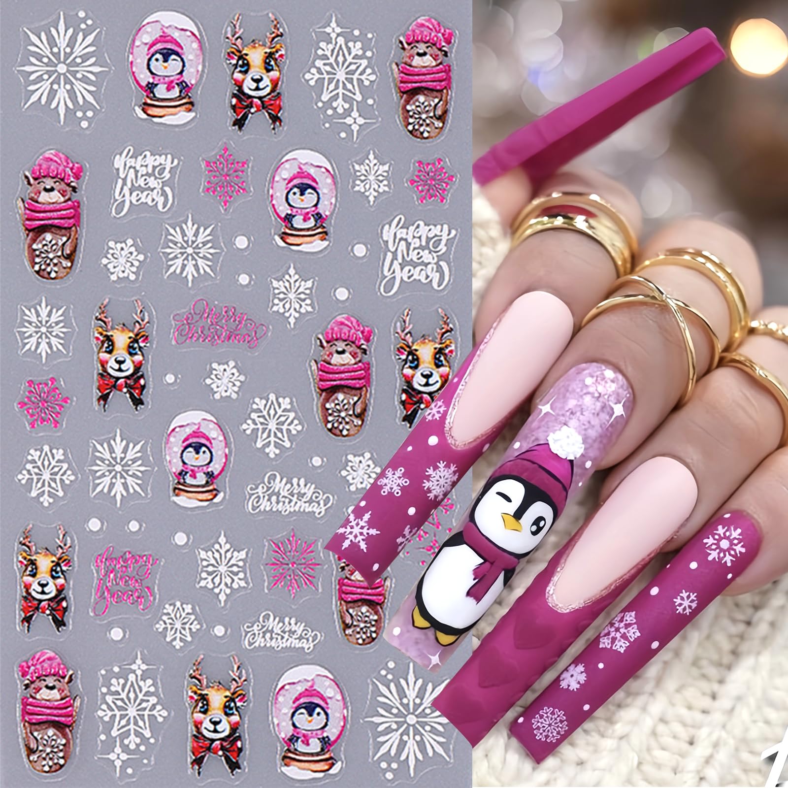 4 Sheets Christmas Nail Art Stickers 5D Embossed Snowman Snowflakes Nail Stickers Santa Claus Elk Penguin Nail Decals Christmas