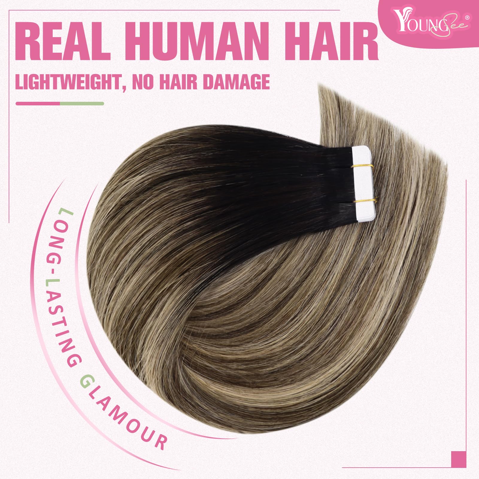 YoungSee Human Hair Tape in Extensions Black Balayage Seamless Tape in Hair Extensions Human Hair Black Ombre Brown with Caramel