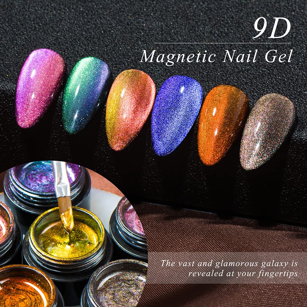 MEET ACROSS 9D Cat Eye Gel Nail Polish Set Chameleon Magnetic Gel Soak Off UV LED 7 Color Gel with Magnet Stick and Brush