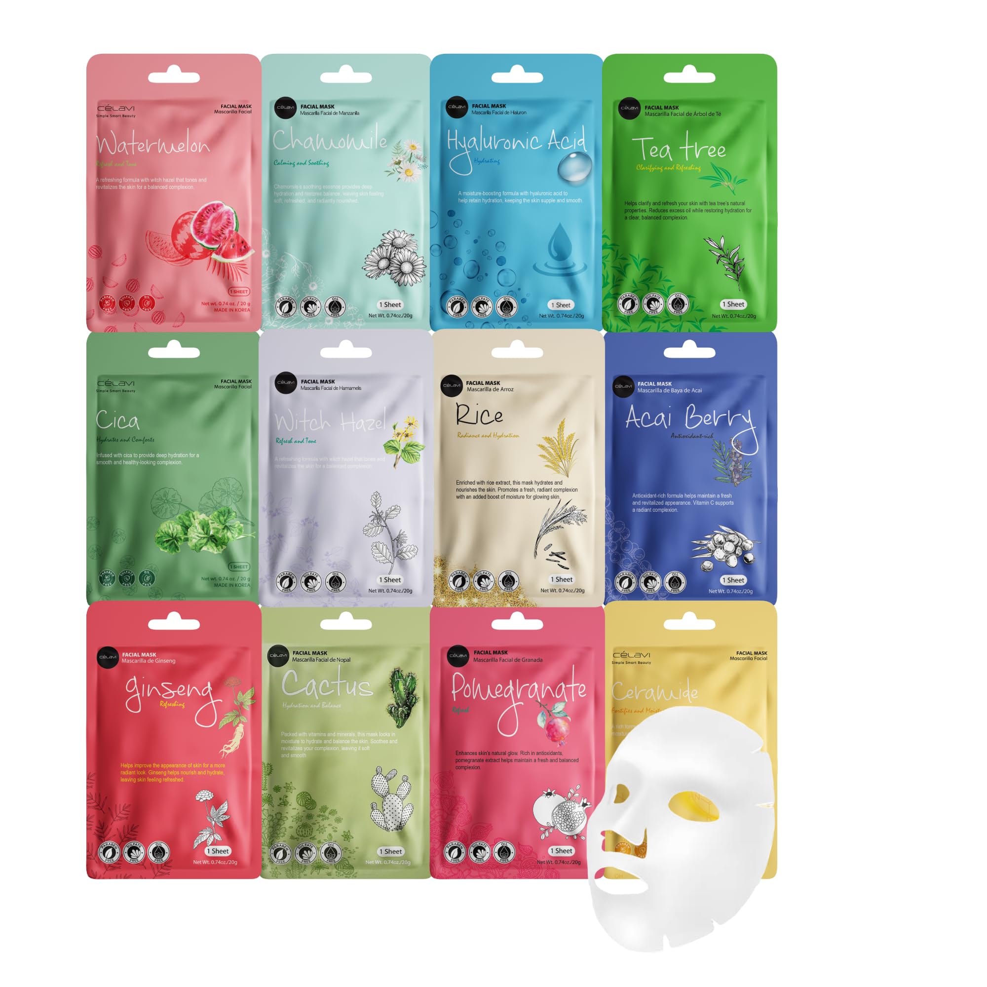 Celavi K-Beauty Skincare Essence Facial Face Mask Korea Skin Care Moisturizing C Set 24 Pack