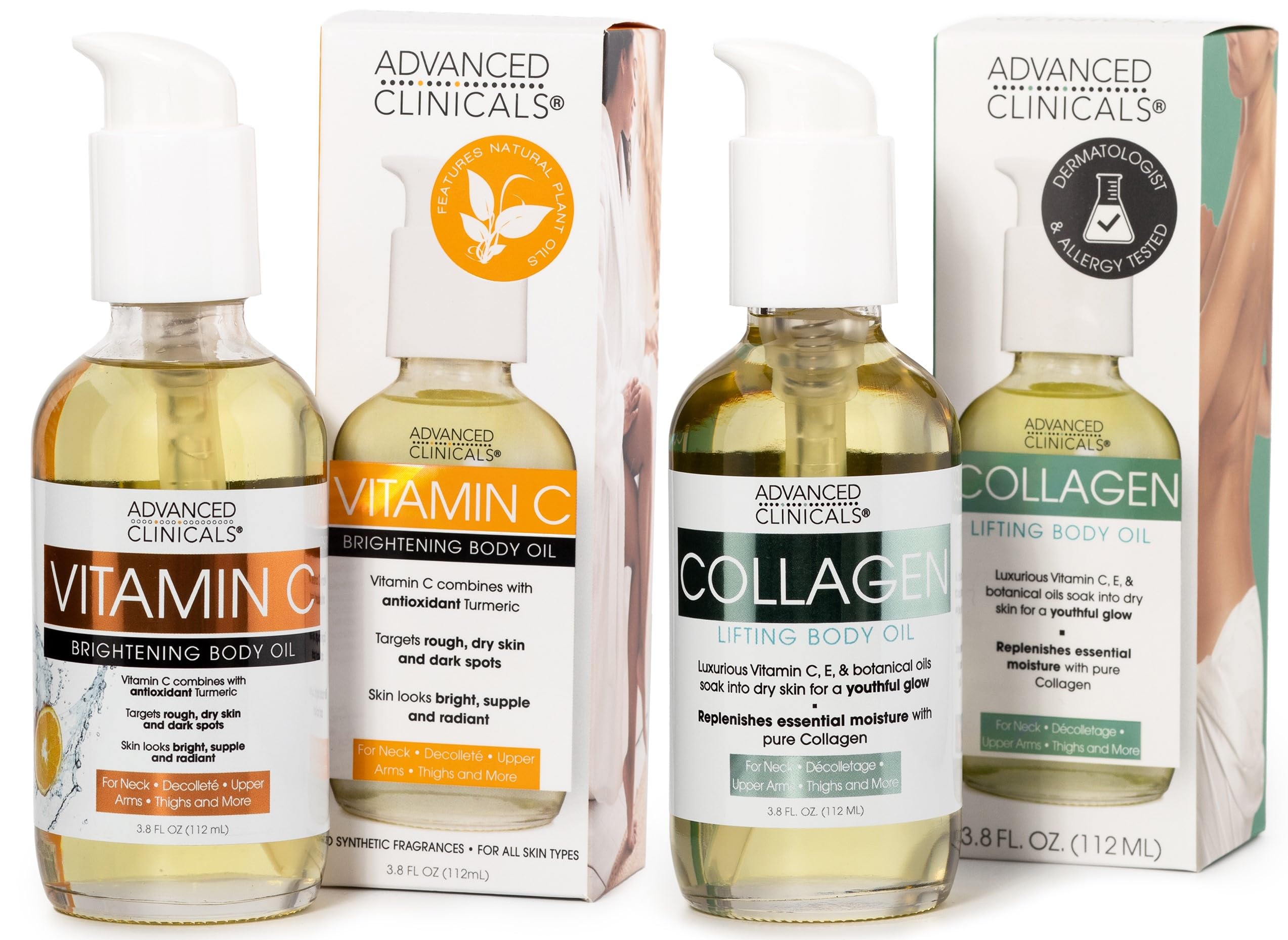 Advanced Clinicals Collagen Lifting Body Oil + Vitamin C Brightening Body Oil Moisturizer Skin Care Set - Nourishing, Brightenin
