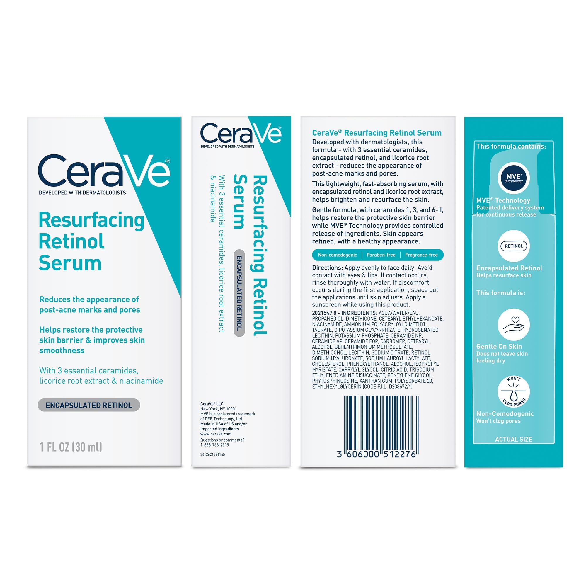 Cerave Resurfacing Retinol Serum For Post Acne Marks, Formulated With Licorice Root Extract & Niacinamide, Brightening Serum & P