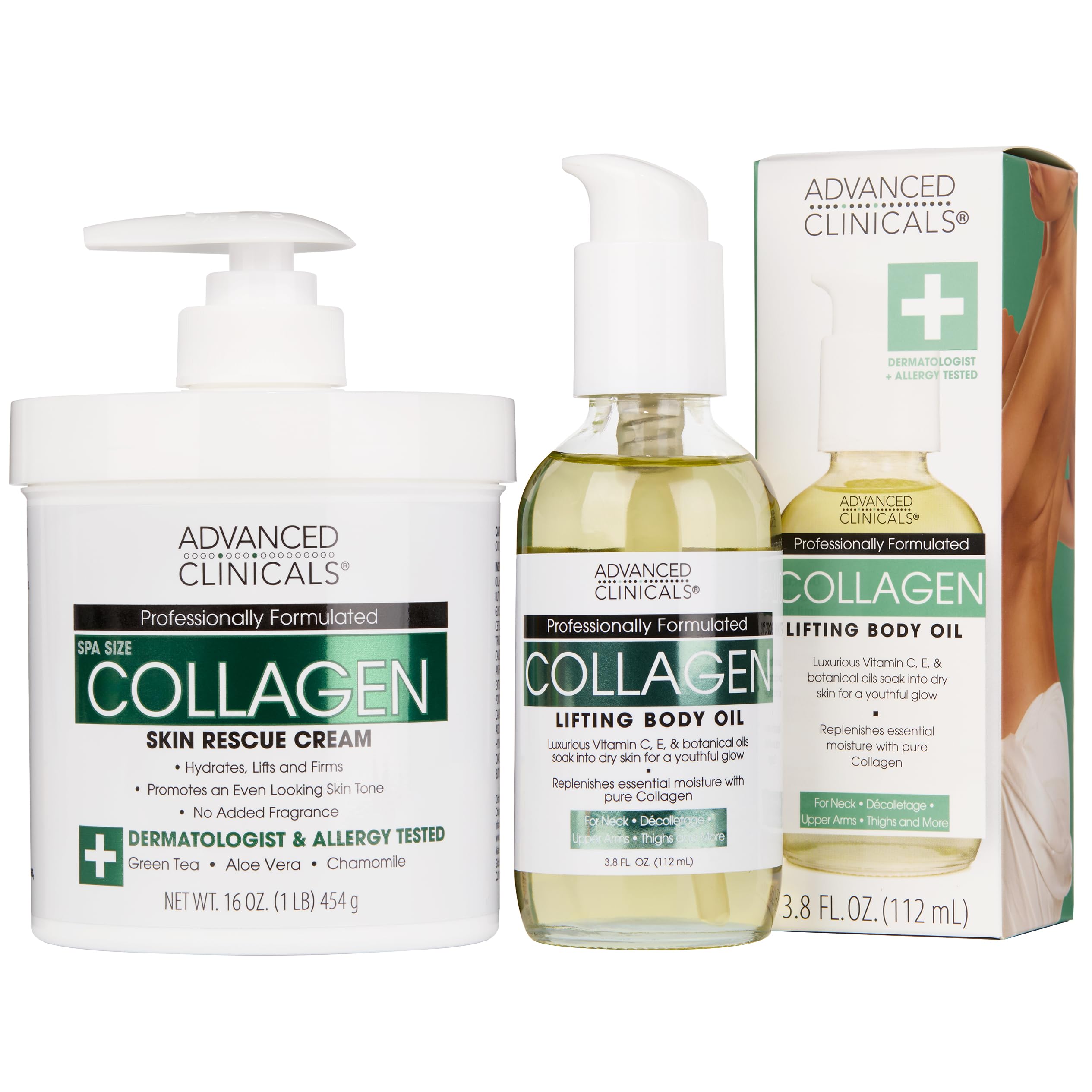 Advanced Clinicals Collagen Body Oil + Unscented Collagen Cream Body Lotion & Face Cream 2PC Beauty Skin Care Set For Women & Me
