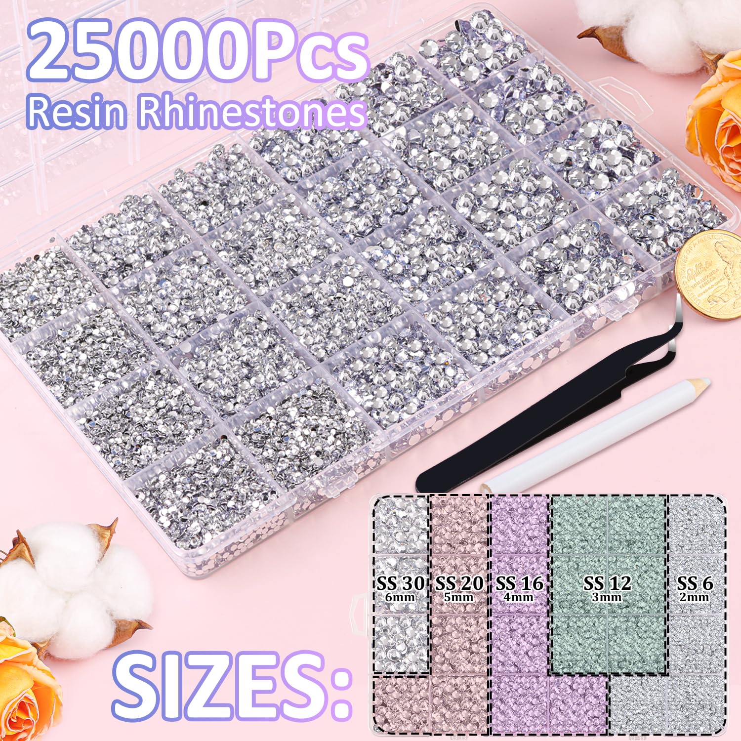 25000Pcs Resin Rhinestones With Tweezers For Crafting, Clear 2-6Mm Mixed Sizes Non Hotfix Flatback Gems, Bedazzling Crystal For