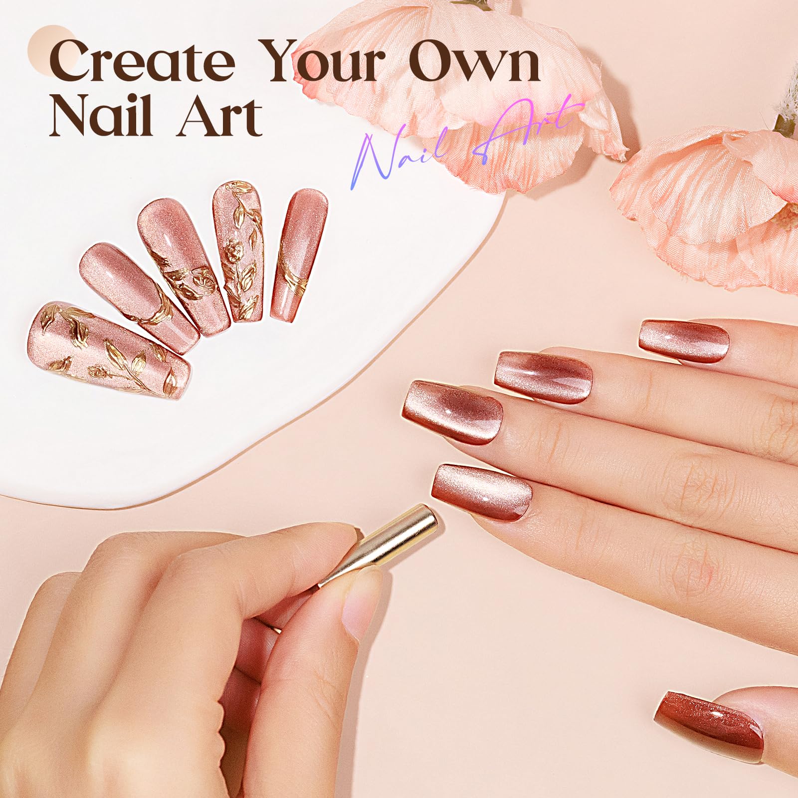 Mizhse Cat Eye Gel Nail Polish: Brown Magnetic Gel Polish With Magnet Stick, Fall Color Magic Effect Galaxy Shimmer Glitter Holo
