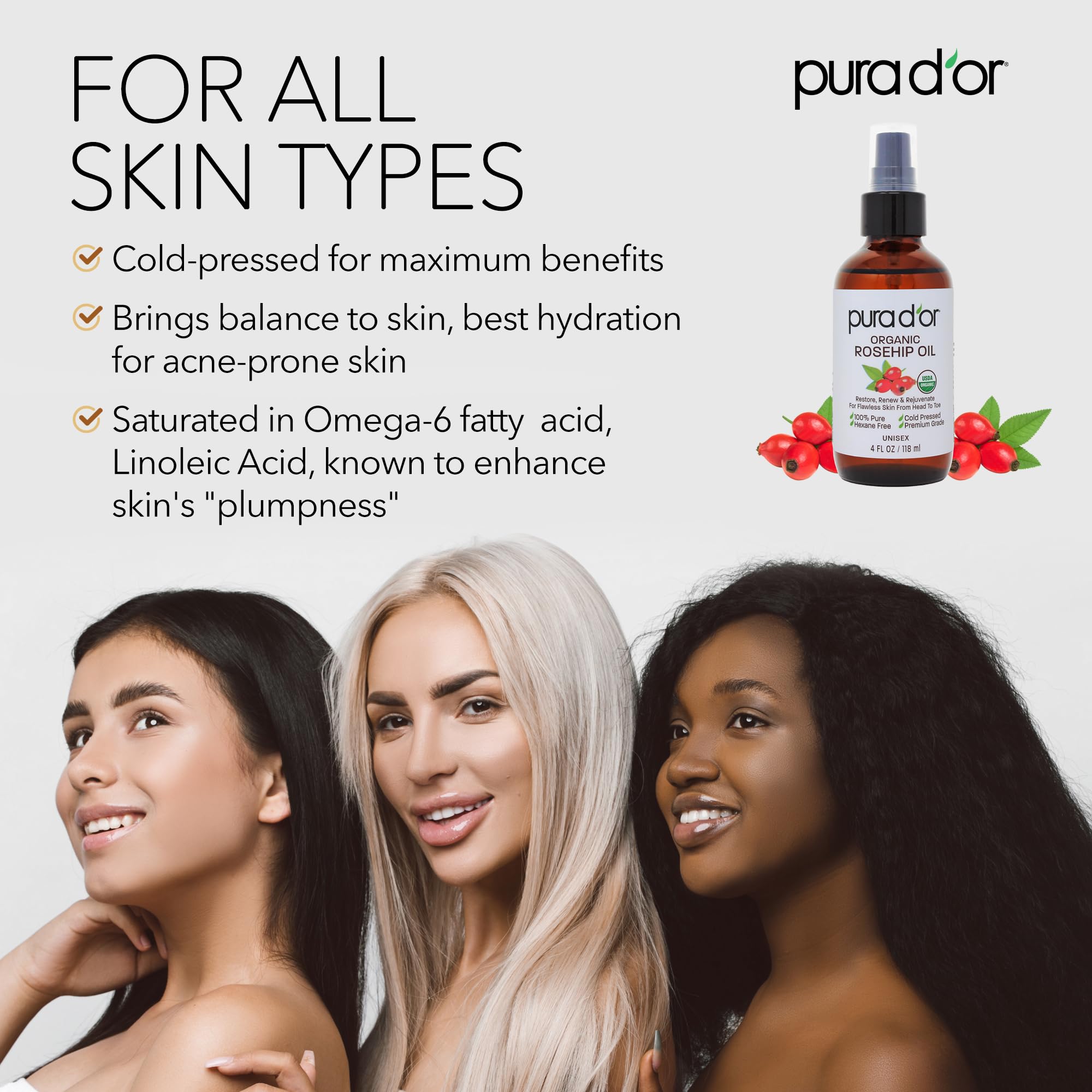 Pura D'Or Organic Rosehip Seed Oil Hair Relaxer (4 Oz X3 = 12 Oz) 100% Pure Cold Pressed Usda Certified All Natural Anti-Aging,