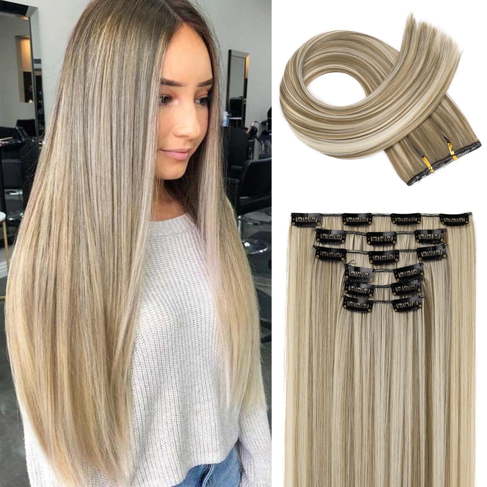 FLUFYMOOZ 6PC Clip in Hair Extensions 24'' Straight Long Extensions for Women Synthetic Hairpiece (Ash Brown with Blonde Highlig