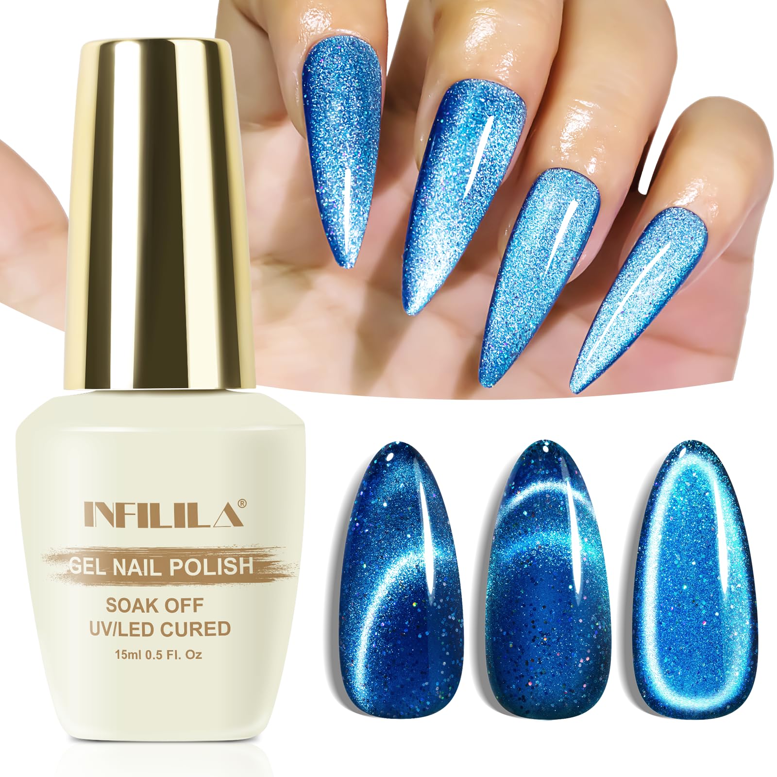 Nxj Infilila Cat Eye Gel Nail Polish,15Ml Holographic Cat Eye Gel Polish, Blue Glitter Cat Eye Polish Magnetic Reflective Hema F