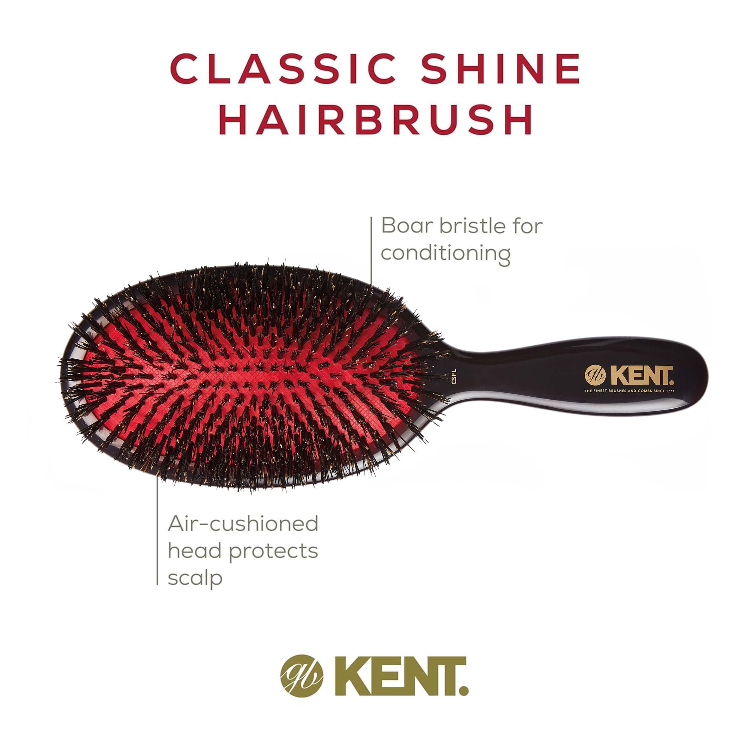 Kent CSFL Classic Shine Large Oval Cushion Straightening Brush and Hair Detangler - Natural Black Boar Bristle Hair Brush - Shin