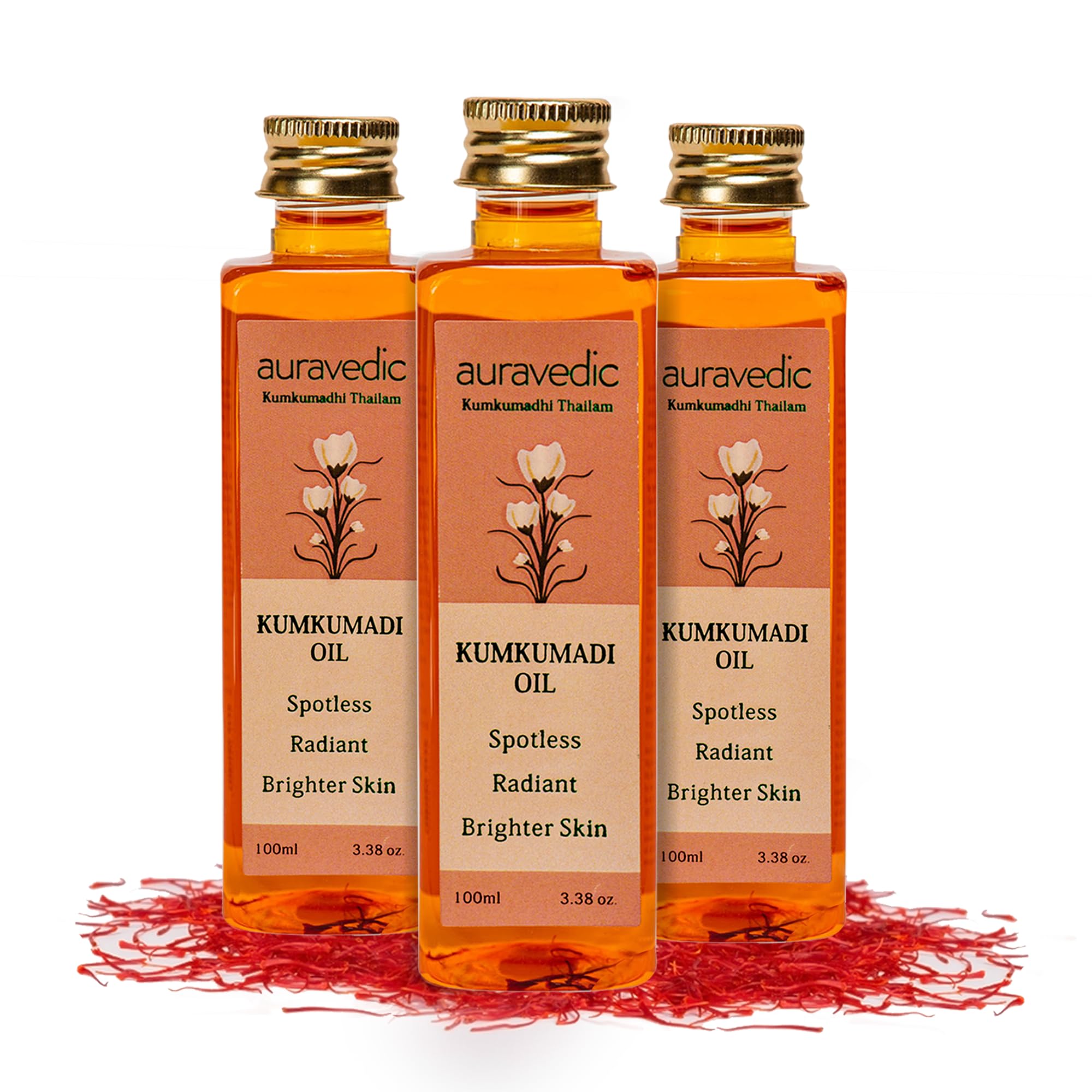 Auravedic Kumkumadi Oil For Face 100 Ml, Pack Of 3, Kumkumadi Tailam Face Oil For Glowing Skin, Dark Spot Corrector Face Serum