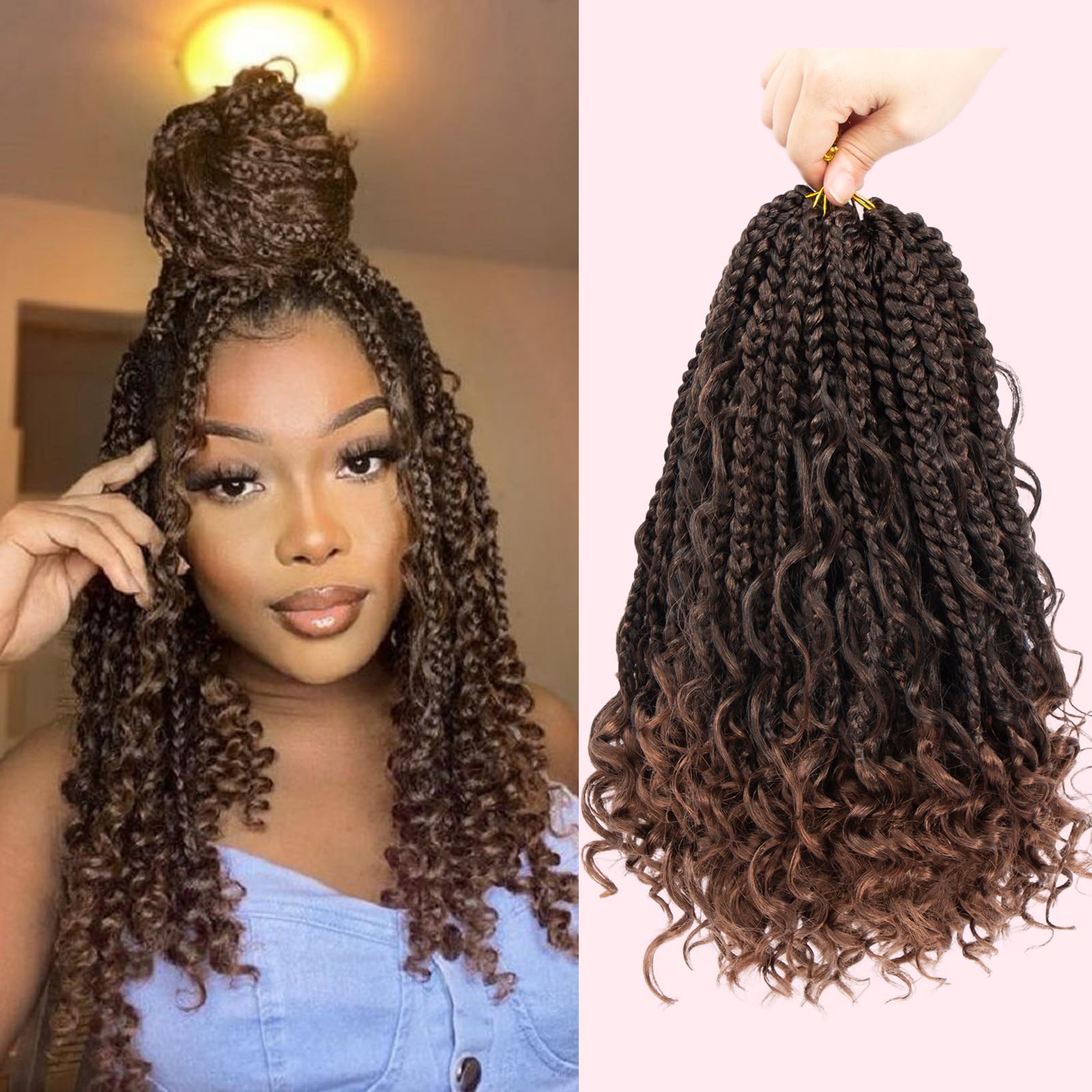 Alimiriam Boho Box Braids Crochet Hair 14 inch 8 Packs Box Braid Crochet Hair with Curly Ends Goddess Box Braids Crochet Hair Ex