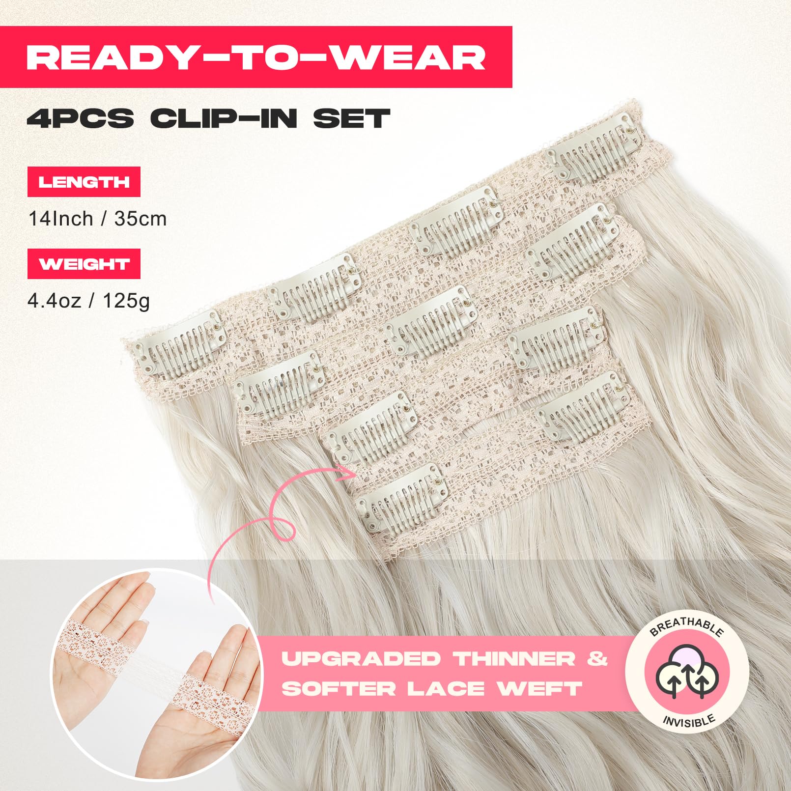 Ntynty Hair Extensions, 14'' Short Clip In Hair Extensions 4Pcs Beach Wave Platinum Blonde Hair Extensions Natural Soft Syntheti