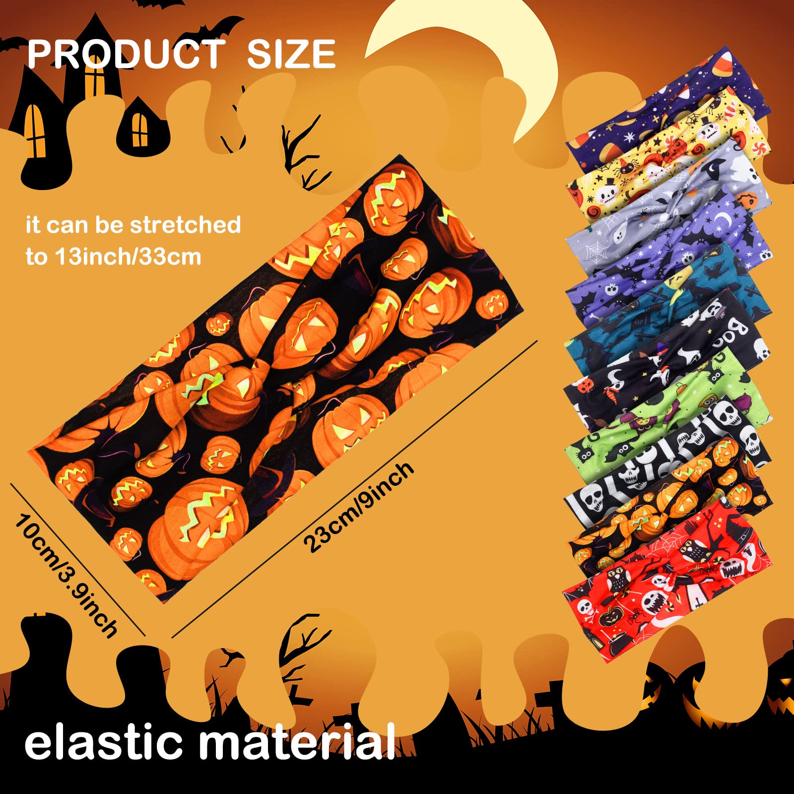 Giegxin 10 Pcs Halloween Headbands for Women Fall Thanksgiving Pumpkin Hair Band Notted Wide Elastic Hair Accessories for Holida