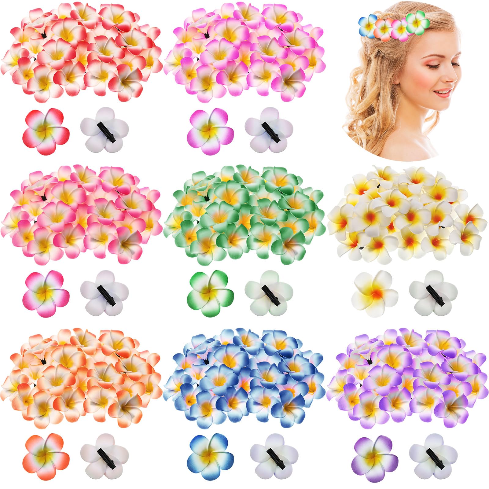 Yuxung 240 Pcs 2 Inch Plumeria Hair Clip Hawaiian Foam Flower Hair Clips Frangipani Artificial Foam Hair Clips for Women Girls L