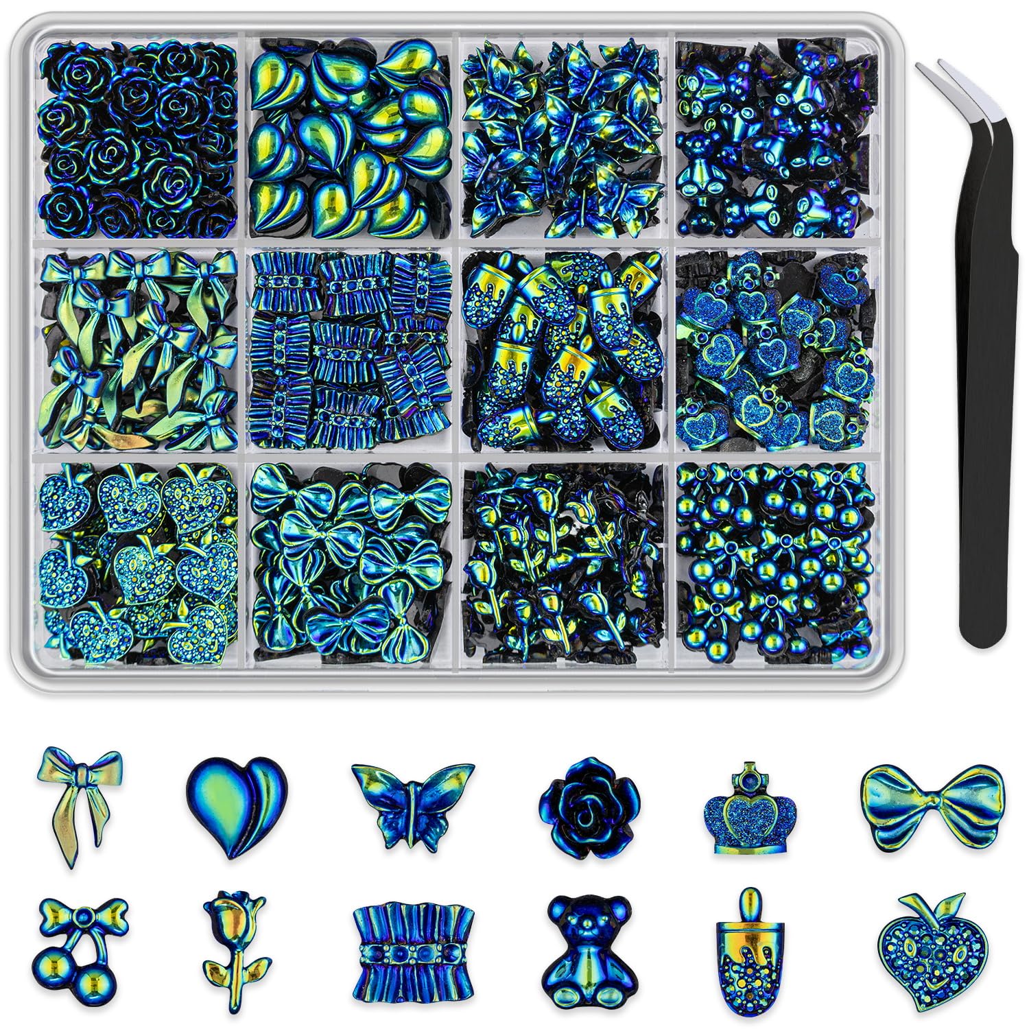 Multi Shapes Acrylic Nail Charms for 3D Nail Art, Black Heart Flower Bow Star Butterfly Pearl Starry AB Gems and Cute Charms for