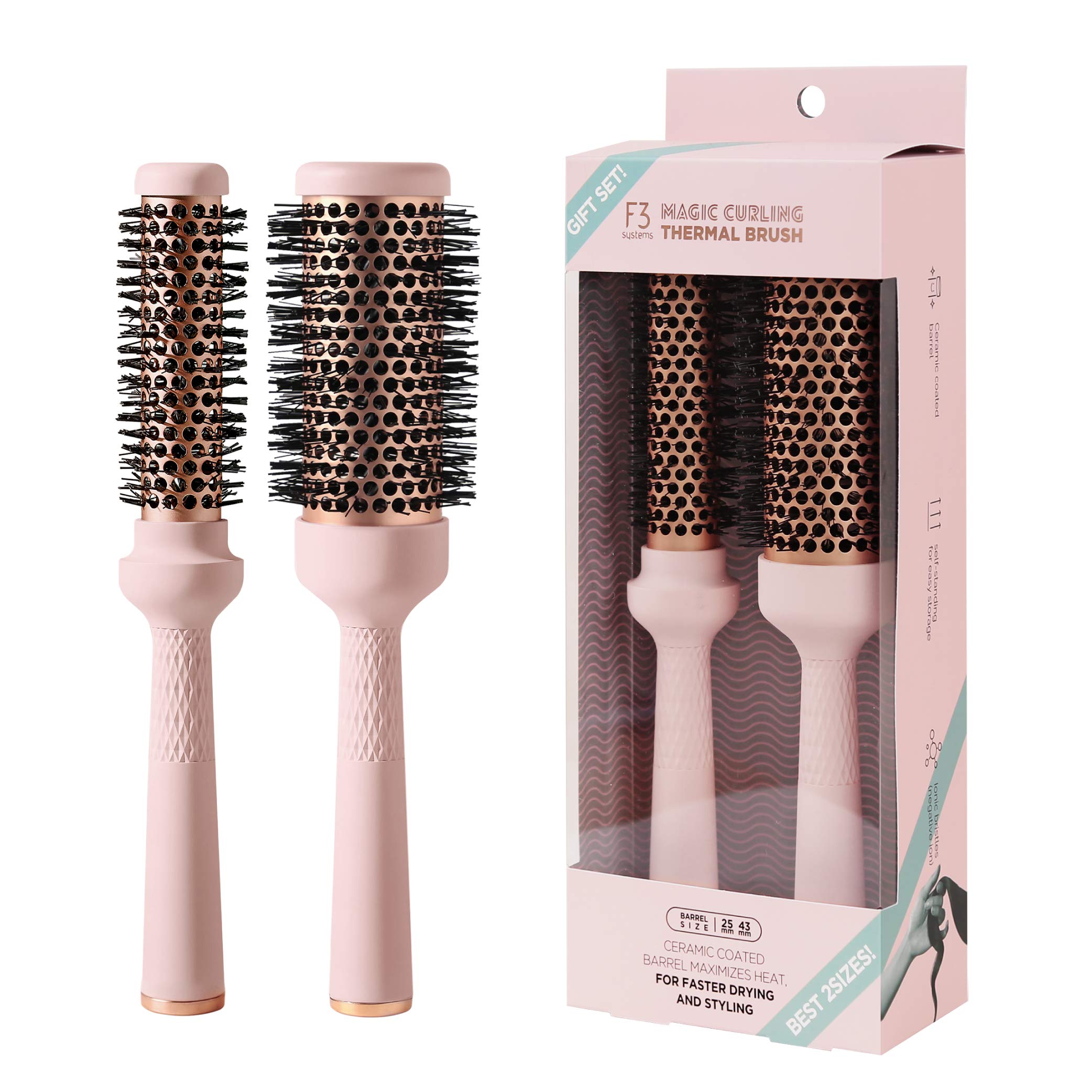 F3 Systems Magic Curling Thermal Brush Set (1&1.7Inches), Cut Drying Time, Self-Standing Round Brush, Great Blowout,Ceramic Coat