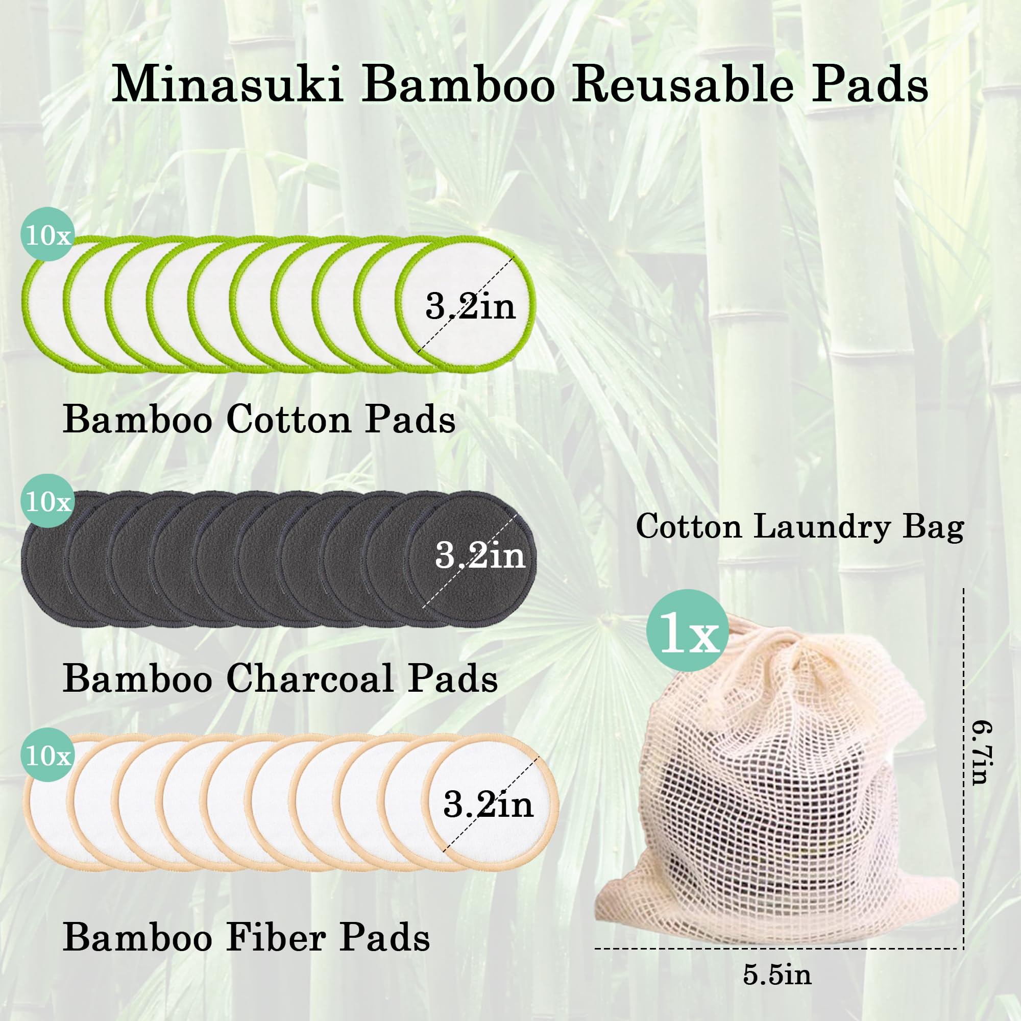 Minasuki Reusable Makeup Remover Pads - 30 Packs Soft & Washable Bamboo Cotton Rounds, Reusable Face Pads for Skincare & Cleansi