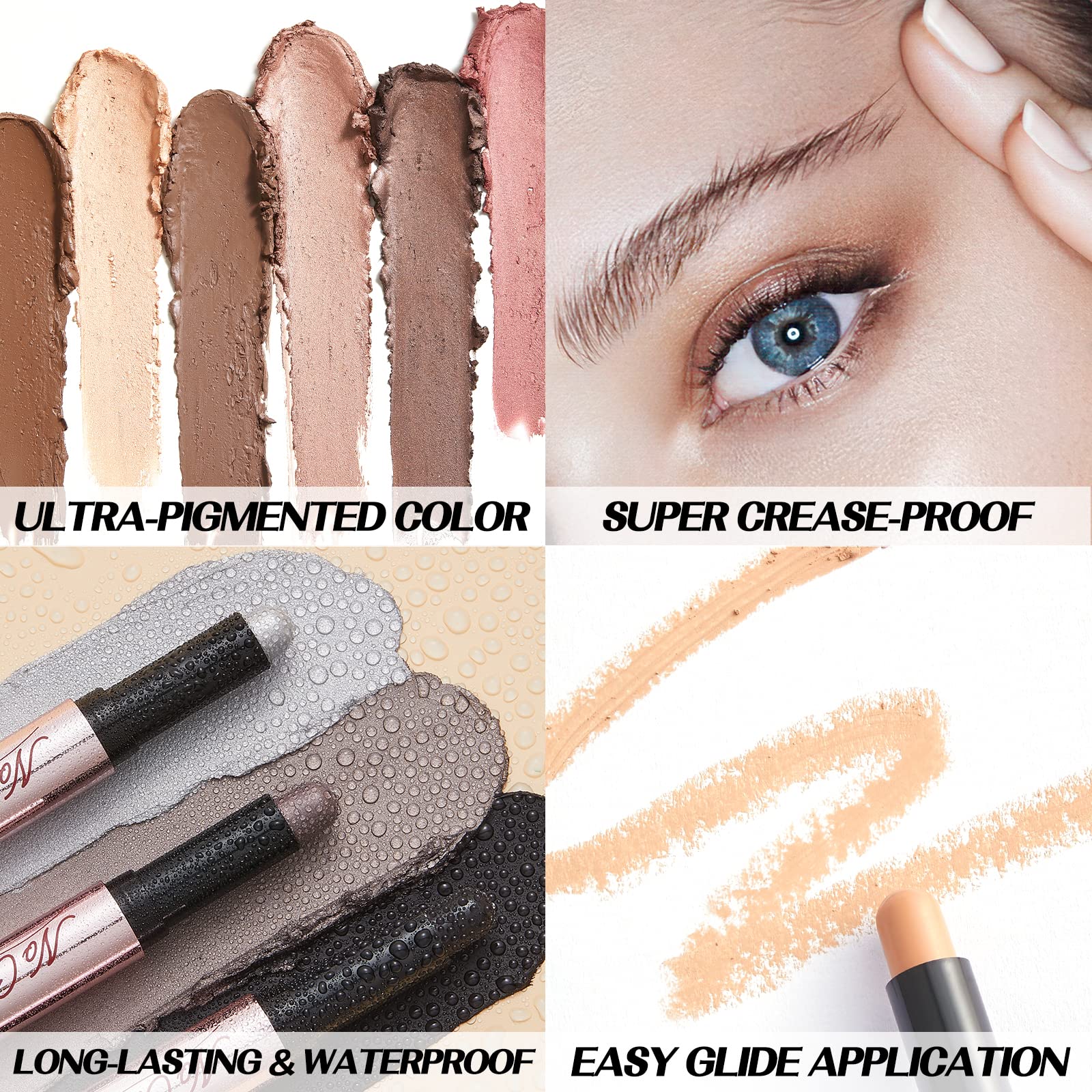 Focallure No Crease Eyeshadow Stick, Creamy Eye Shadow Stick, Matte & Shimmer Eyeshadow Pencil, Smudge-Proof, Built-In Smudger,