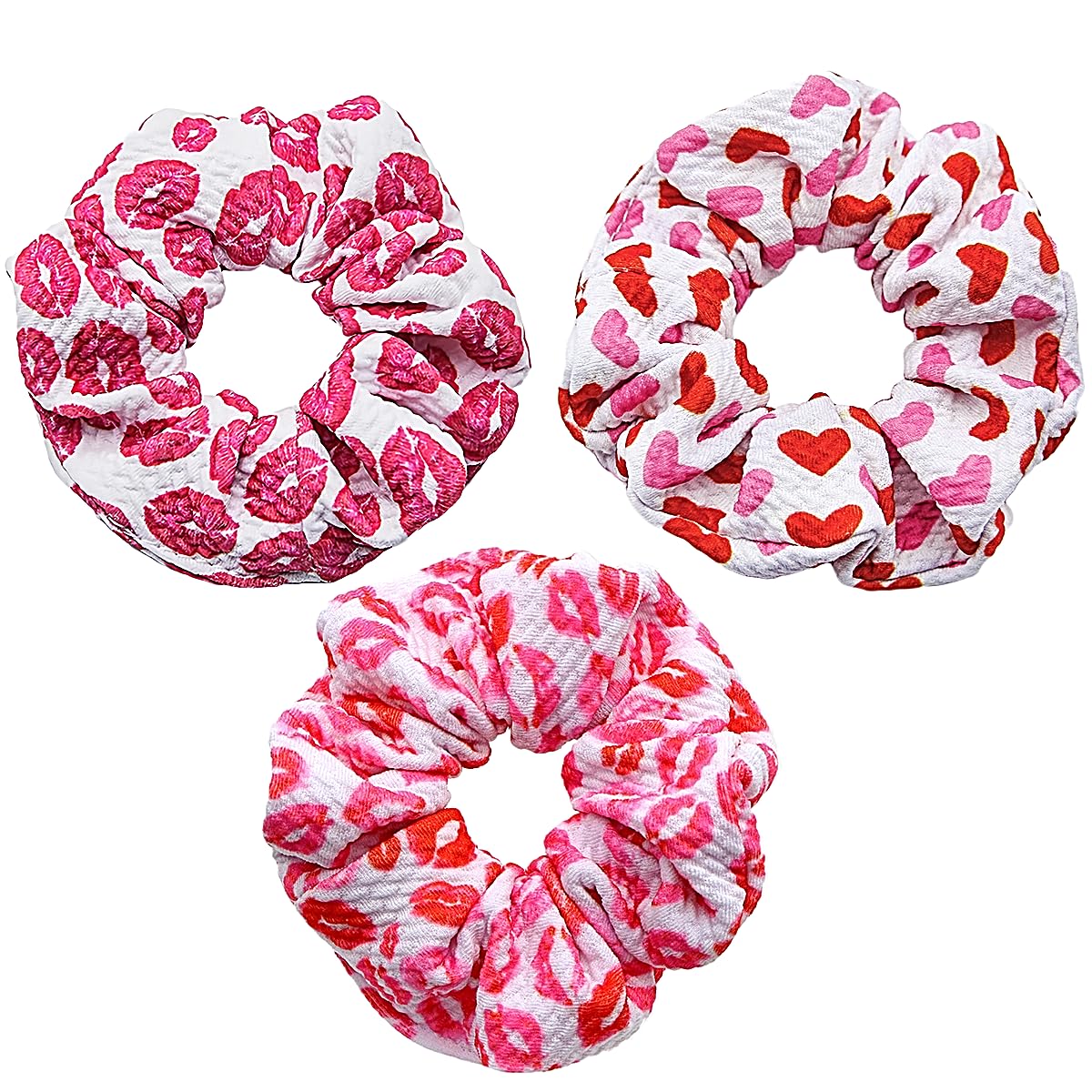 3PCS Valentine Hair Scrunchies with Red Lips and Heart Hair Ties Hair Accessories Decoration Pink Scrunchy Hair Ties Elastic Hai