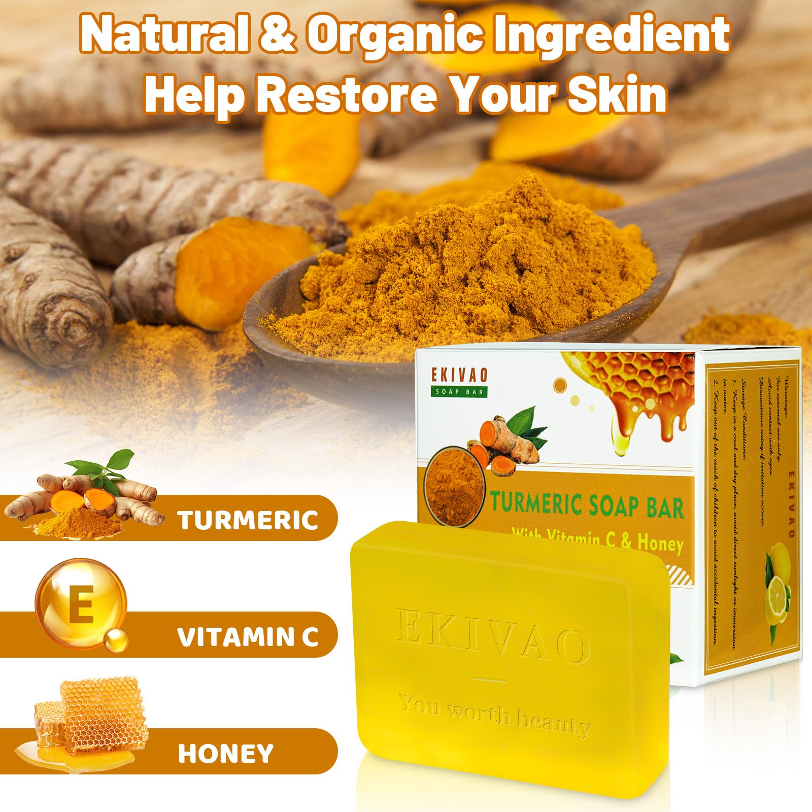 EKIVAO 3Packs Best Turmeric Soap Bar, Organic Tumeric Soap for Face and Body, Honey Lemon Turmeric bar Soap with Vitamin C, E, C
