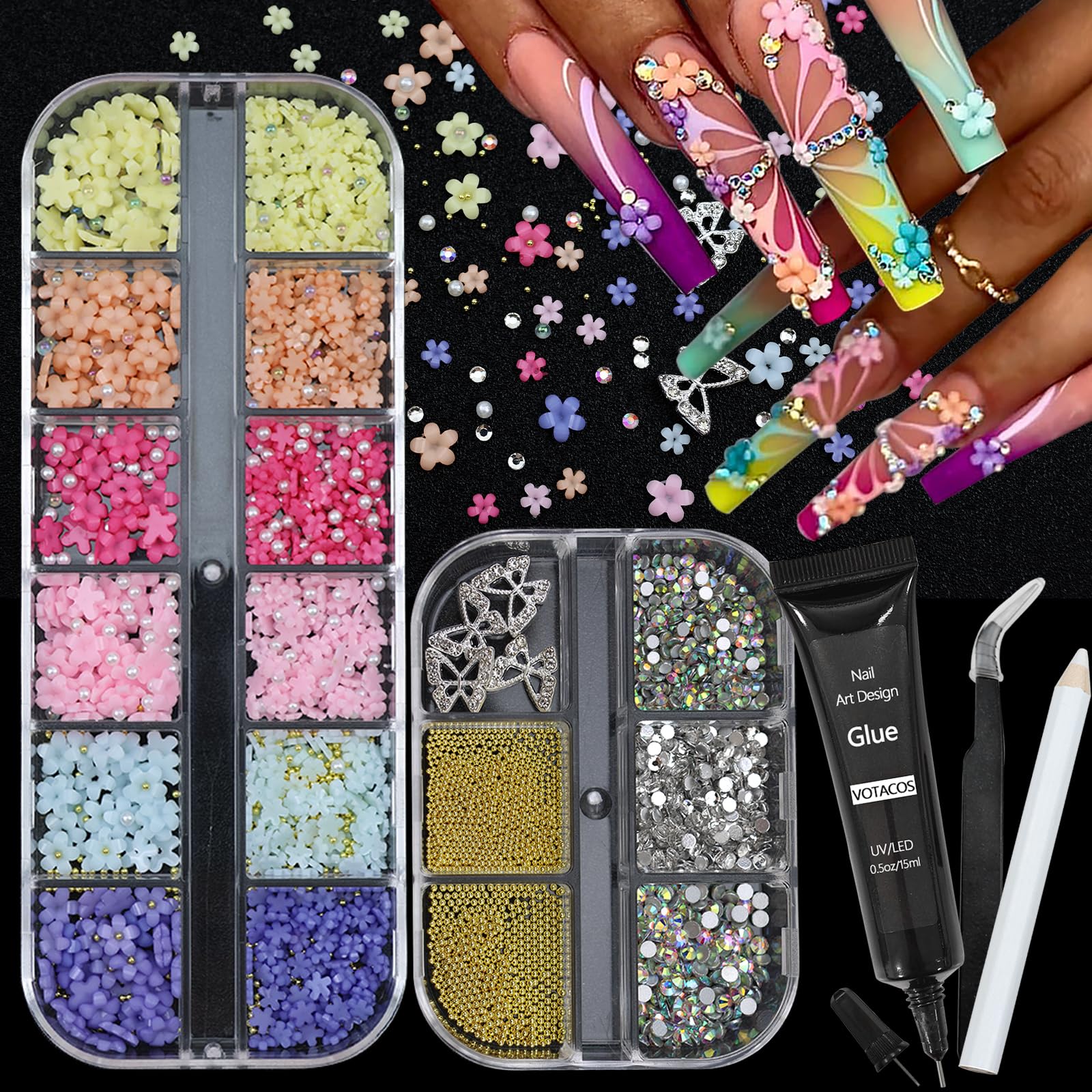 VOTACOS Nail Charms Rhinestones Colorful Nail Art Gems with Nail Glue Gel Flatback Pearls Nail Supplies Luxurious Crystal AB Rhi