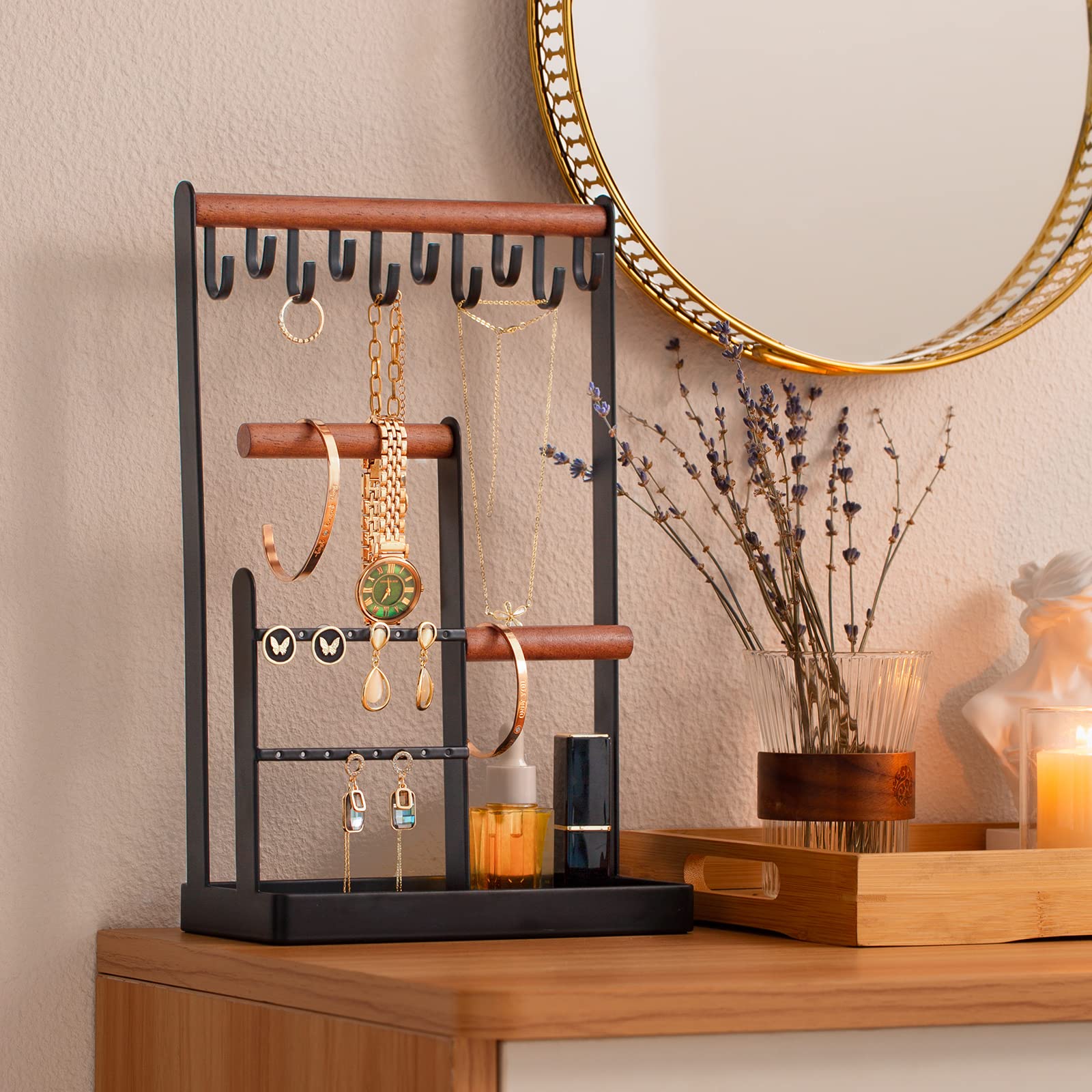 ProCase Jewelry Organizer Stand Holder, 4-Tier Tower Rack with Earring Tray and Holes, 10 Hooks Necklaces Hanging Storage Tree D