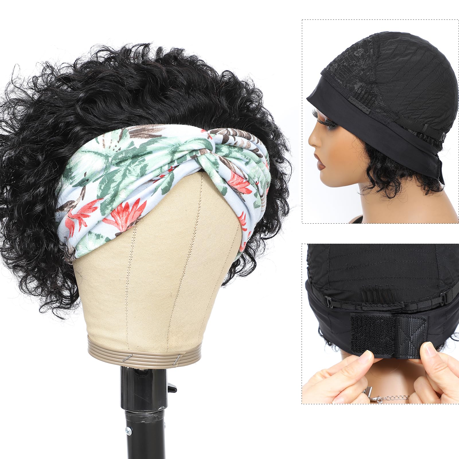 Betufllo Headband Wig Human Hair Wigs for Black Women Curly Pixie Headband Human Hair Wigs Put on and Go Glueless Wig Natural Bl