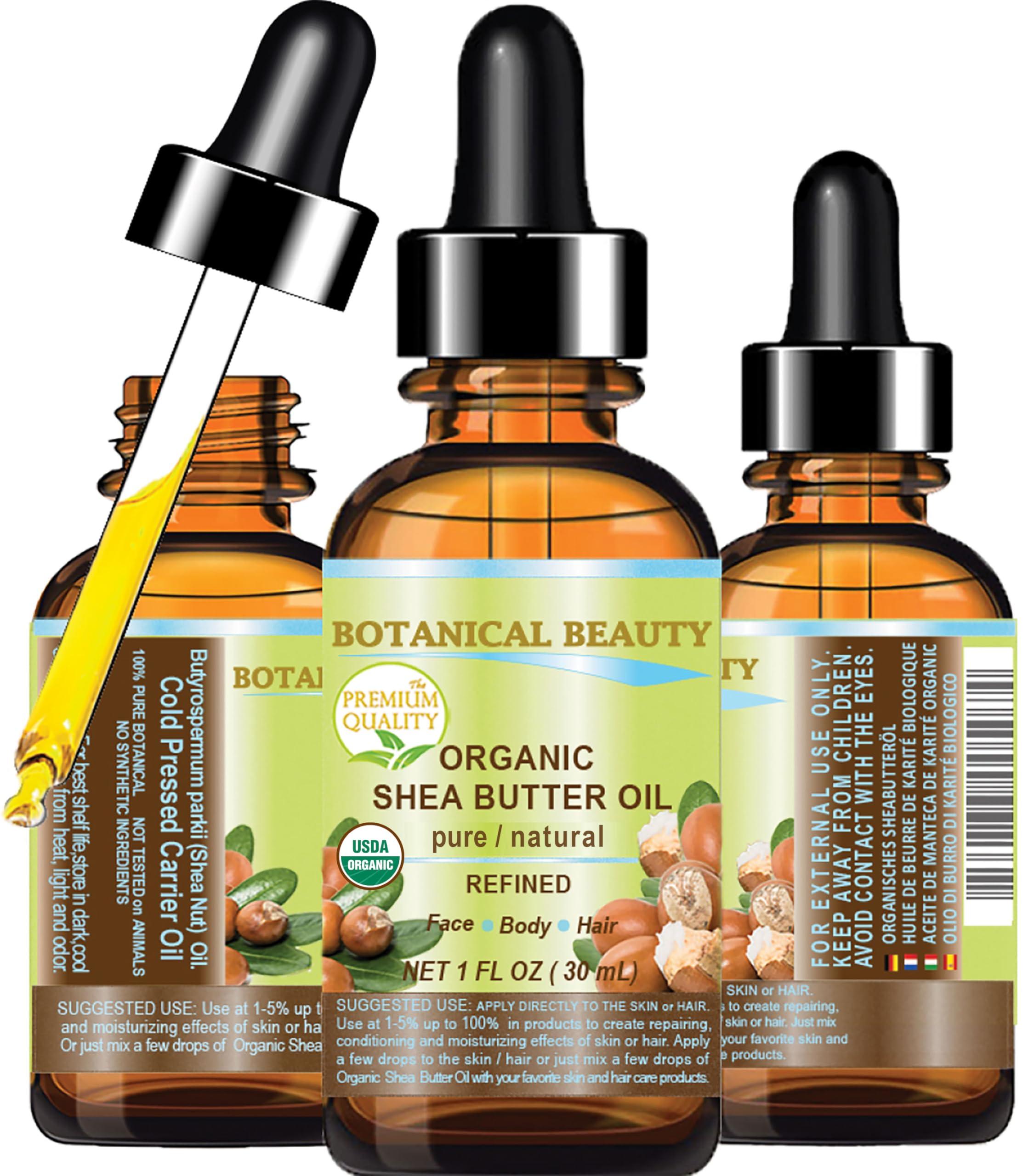 Botanical Beauty Organic SHEA BUTTER OIL 100% Pure Natural Undiluted Refined Cold Pressed Carrier Oil. 1 Fl.oz. 30 ml for Face,