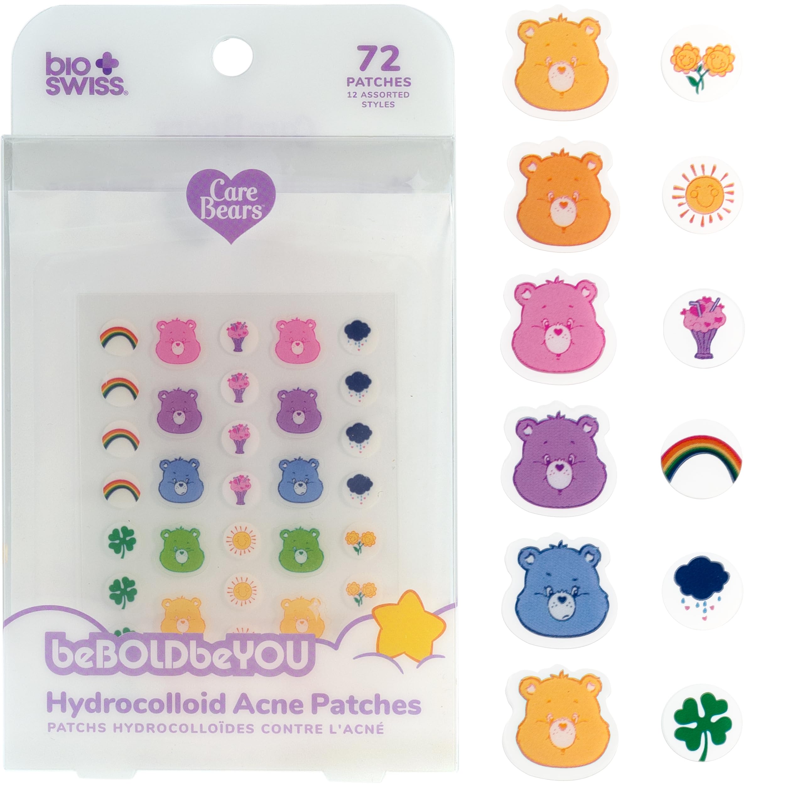 BioSwiss Pimple Patches, Care Bears Printed Acne Patch for Zits and Blemishes, Hydrocolloid Spot Stickers for Face and Skin, 72 