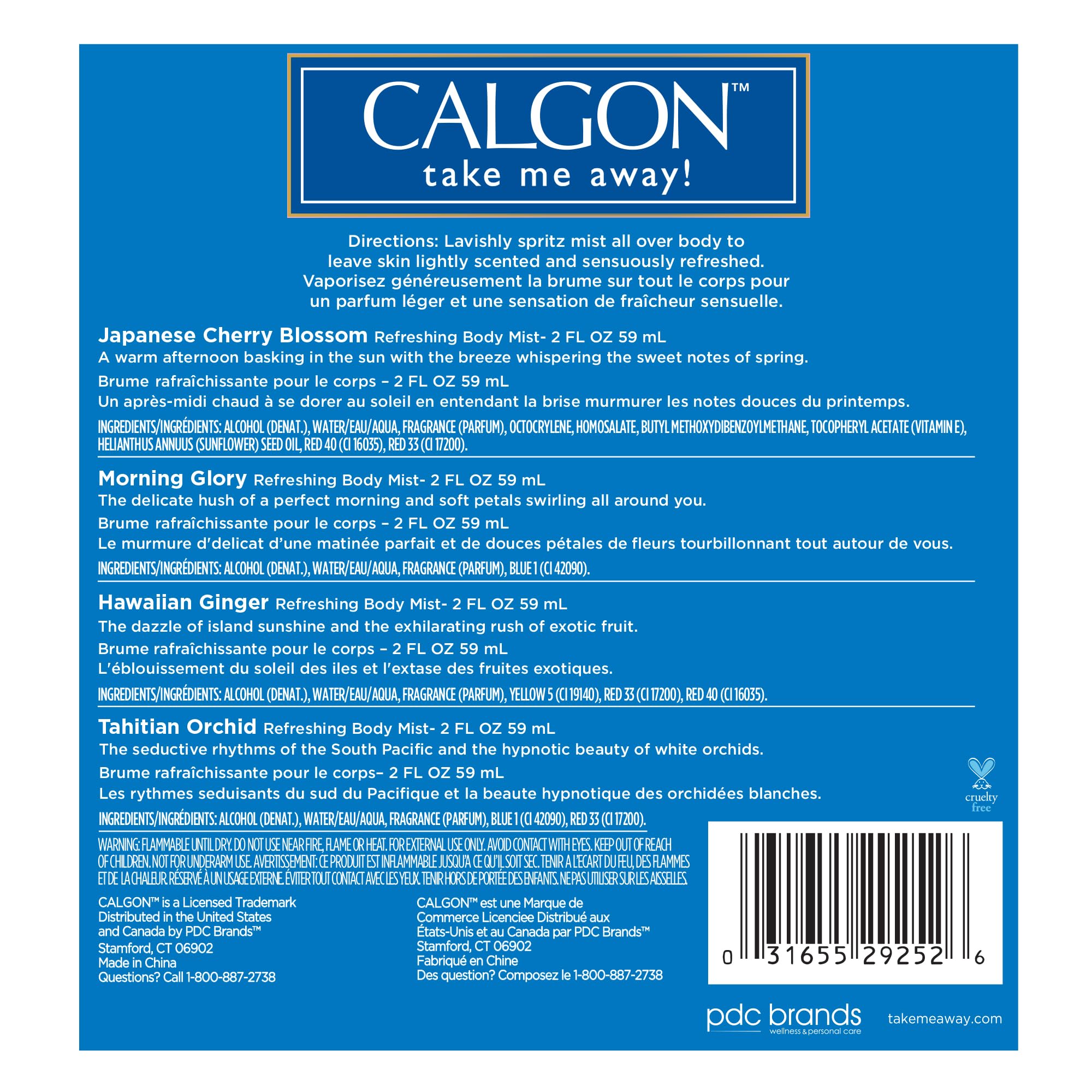 Calgon Take Me Away 4 Pc Gift Set (Refreshing Body Mist 2.0 Oz Of Spring Cherry Blossom Hawaiian Ginger Morning Glory Tahitian O