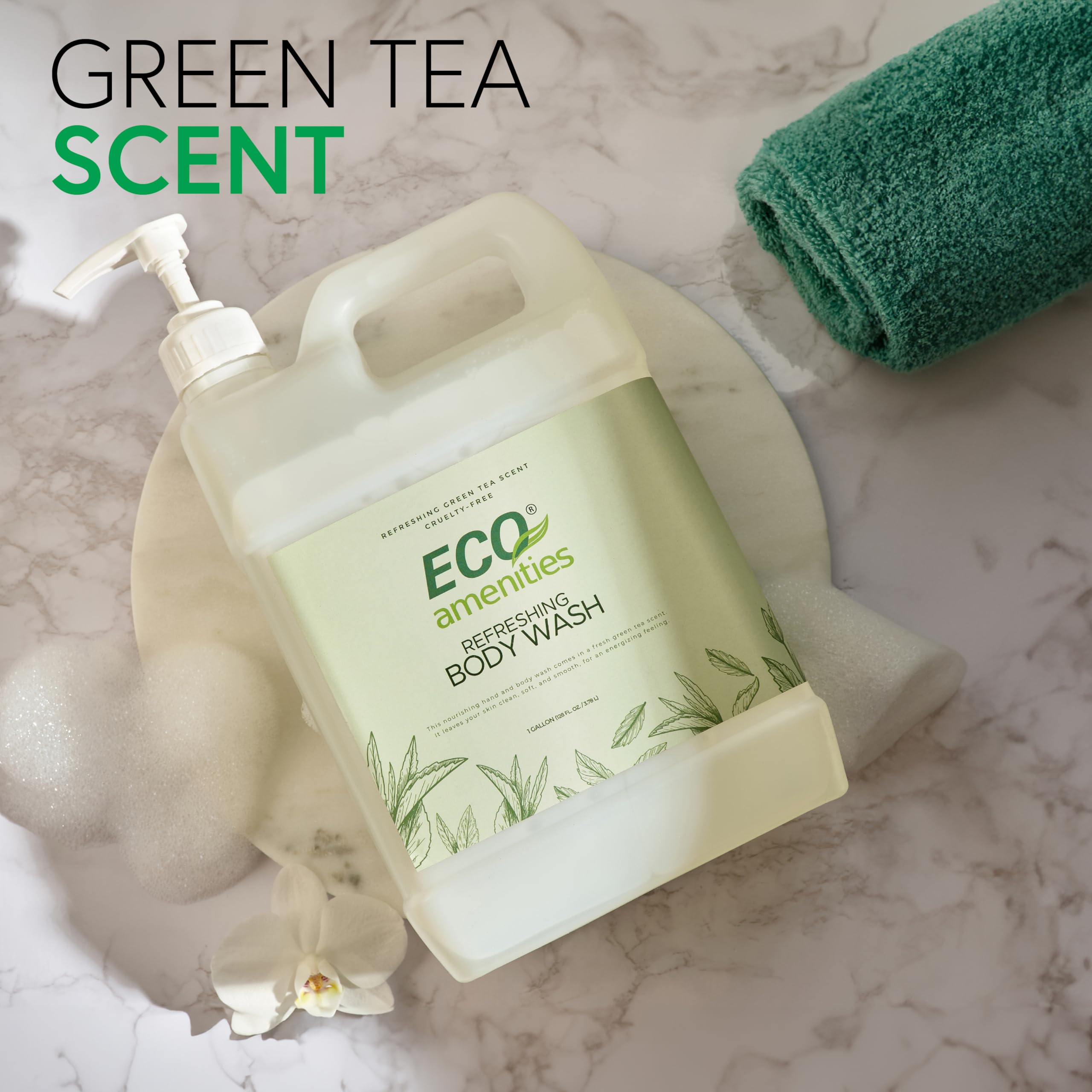ECO amenities - Pack of 4 Rectangular 1 Gallon Refill - Hand and Body Wash (Green Tea, 4-Pack, 1 Gallon Each)