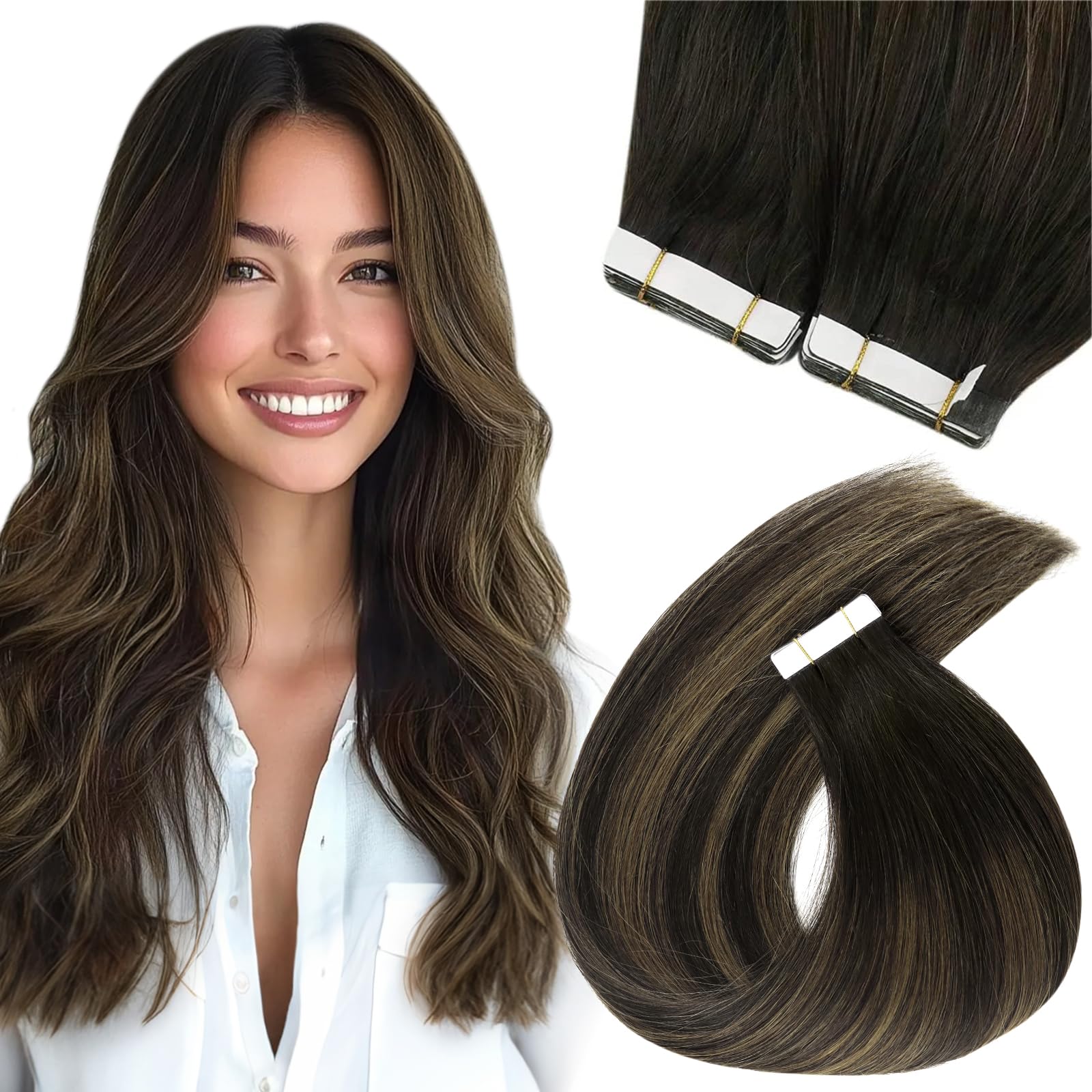 Sunny Hair Tape In Hair Extensions Brown Ombre 20Inch Real Human Hair Extensions Tape In Dark Brown To Medium Brown Balayage Tap