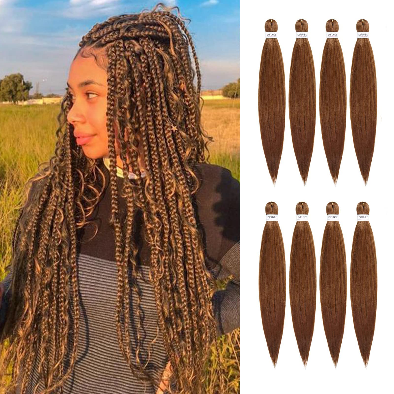 Difunee Pre-Stretched Braiding Hair - 16 Inch 8 Packs Brown Short Braiding Hair For Twist Or Box Braids, Yaki Texture Hot Water