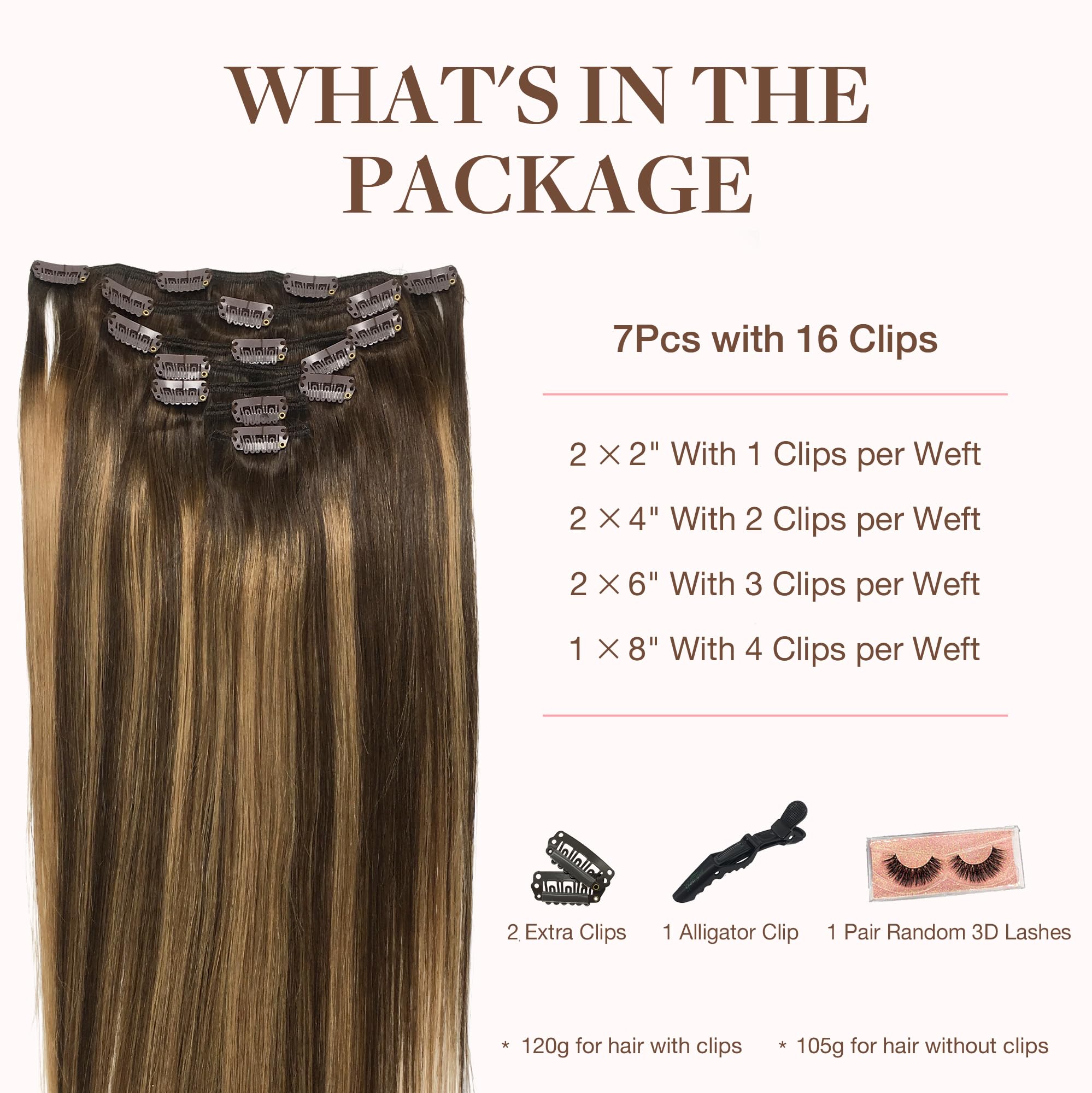 Goo Goo Clip In Hair Extensions Real Human Hair, 14Inch 120G 7Pcs, 4/27/4 Balayage Chocolate Brown To Caramel Blonde, Remy Human