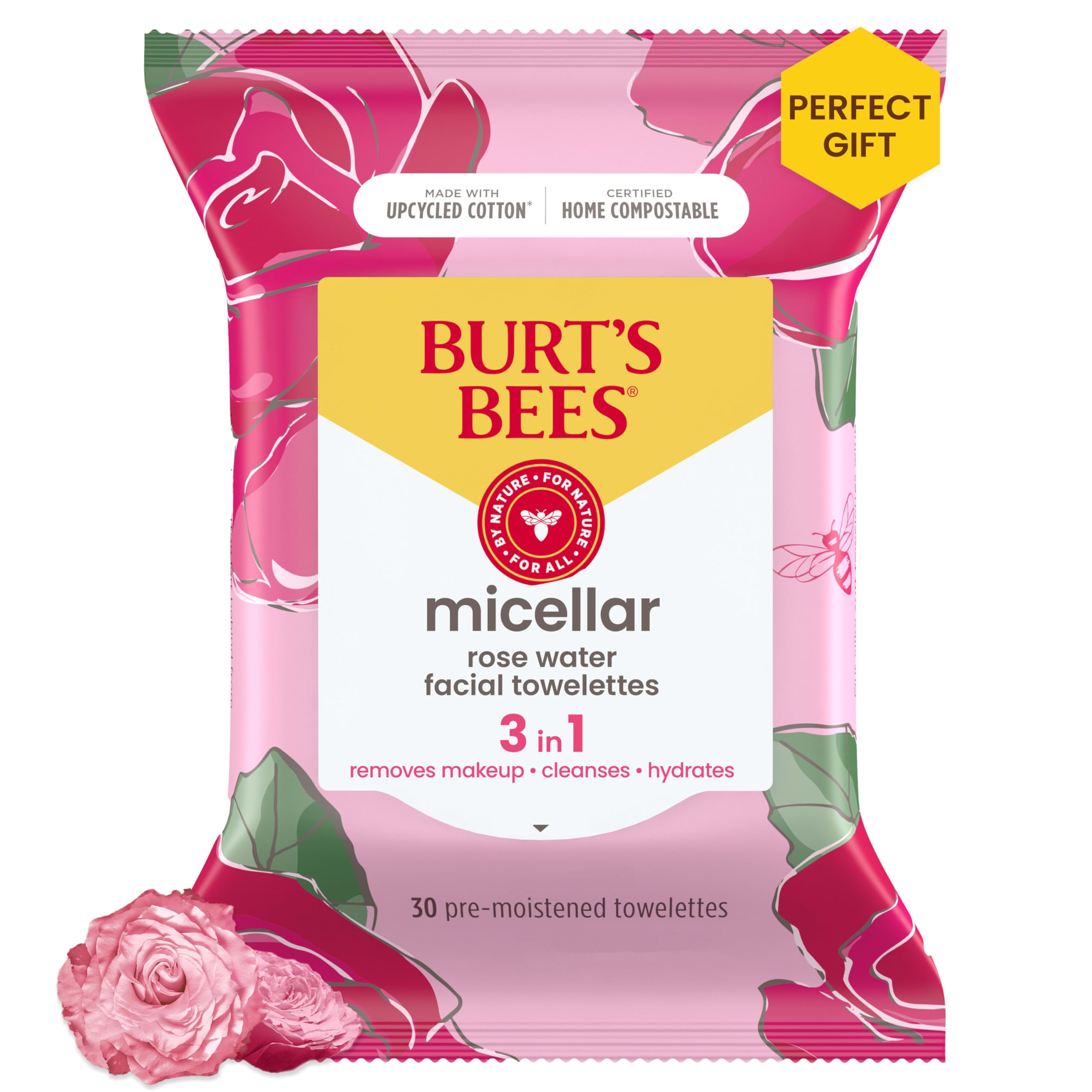 Burt'S Bees Micellar Facial Towelettes With Rose Water, Pre-Moistened Towelettes For All Skin Types, 99.5 Percent Natural Origin
