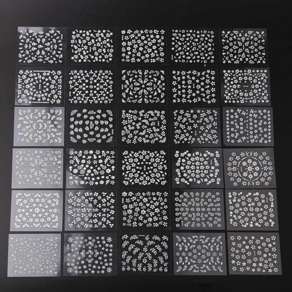WOKOTO 30pcs White Adhesive 3d Nail Stickers Flower Nail Art Decoration Accessory With 1 Pcs Anti-Static Tweezers And 5 Pcs Wood