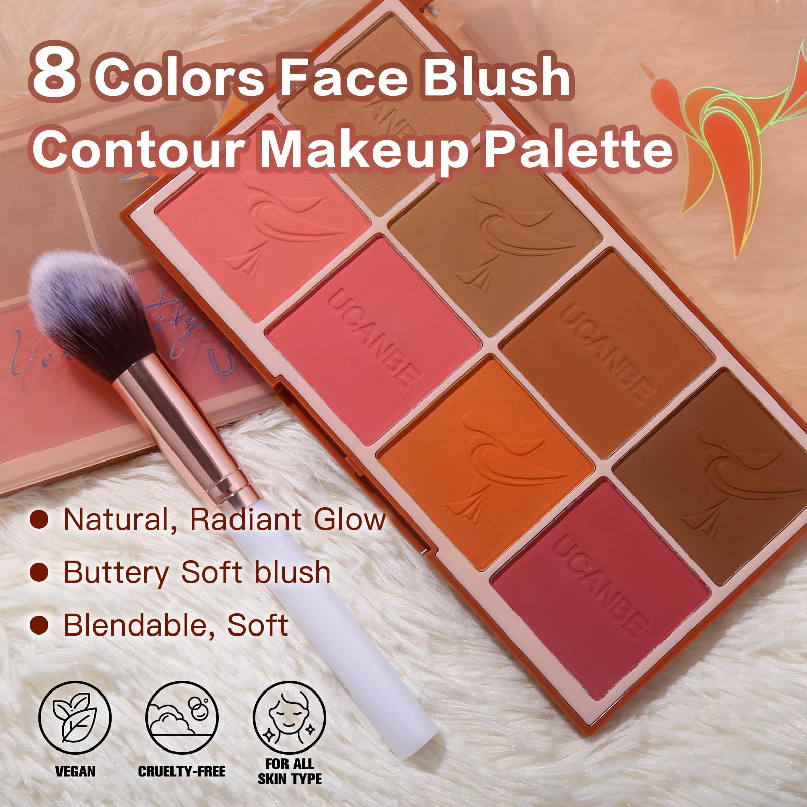 8 Colors Face Matte Blush Palette Shading Blusher With Brush - Buildable Facial Cheek Blusher Contour Bronzing Pressed Powder Ma