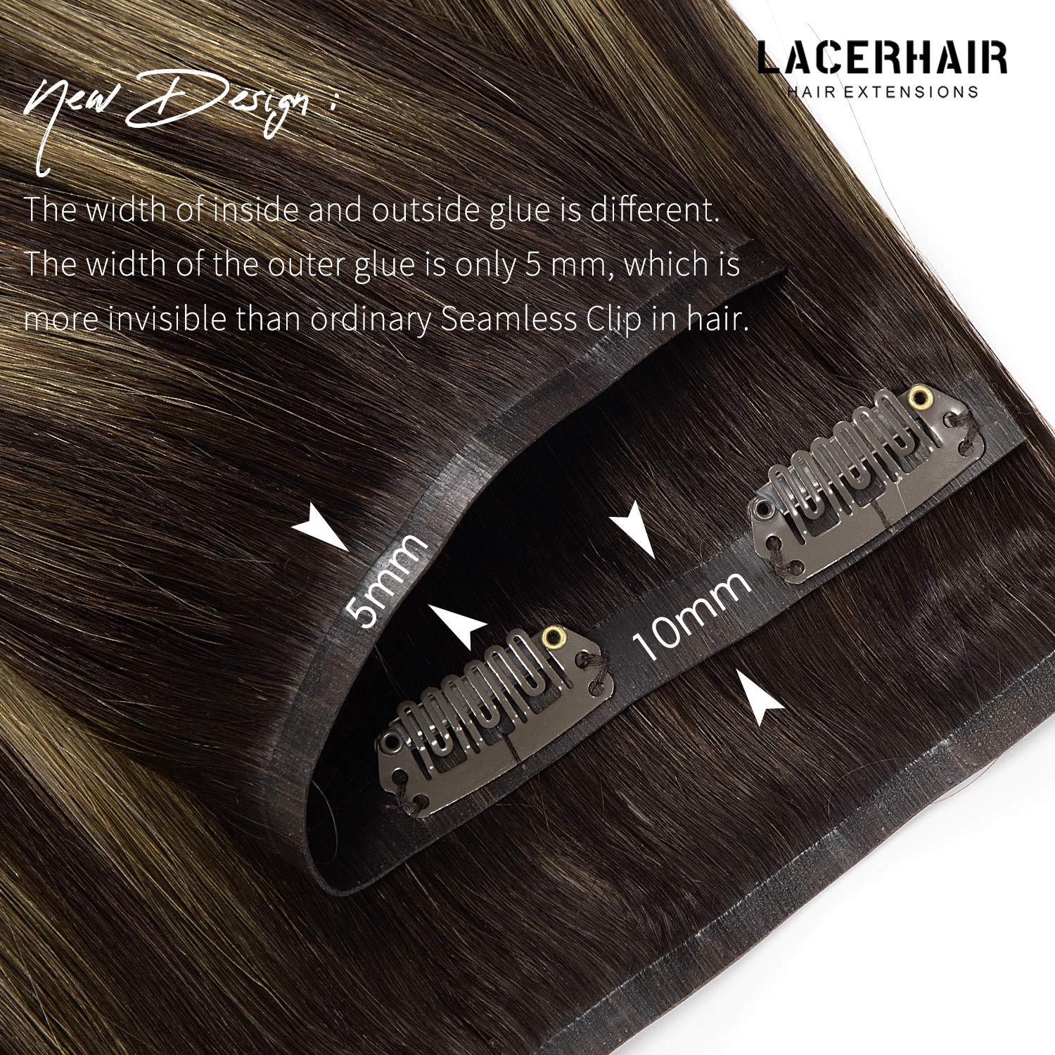 Lacer Hair Extensions Clip in Human Hair Chestnut Brown Mixed Dark Brown with Dark Brown Roots Color Ultra Thin PU Weft Seamless