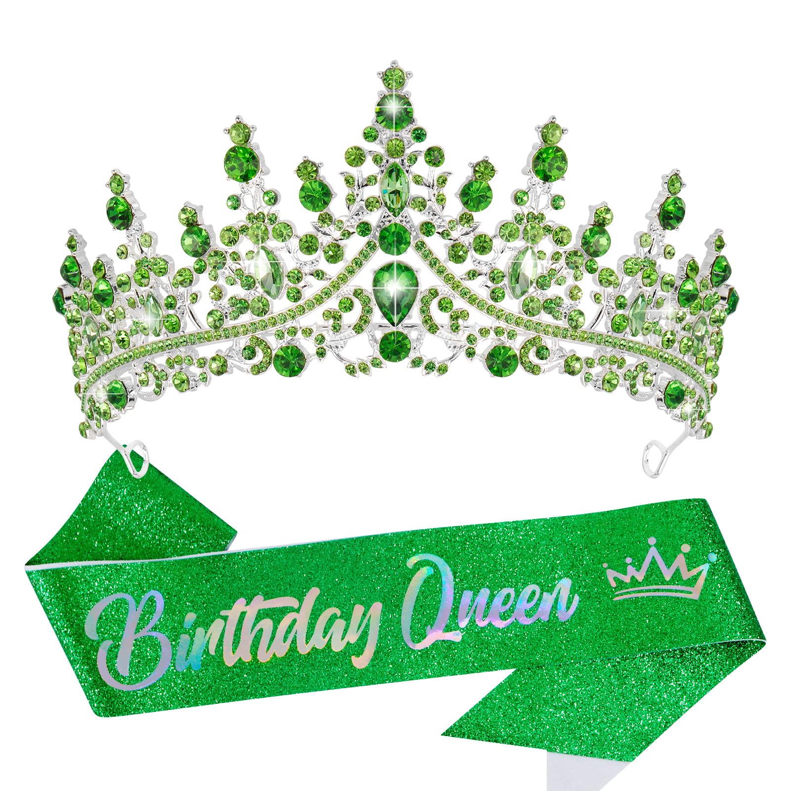 VELSCRUN Birthday Queen Tiara Crowns for Women Girls Green Crystal Birthday Queen Headband Sash Elegant Princess Crown Happy Bir