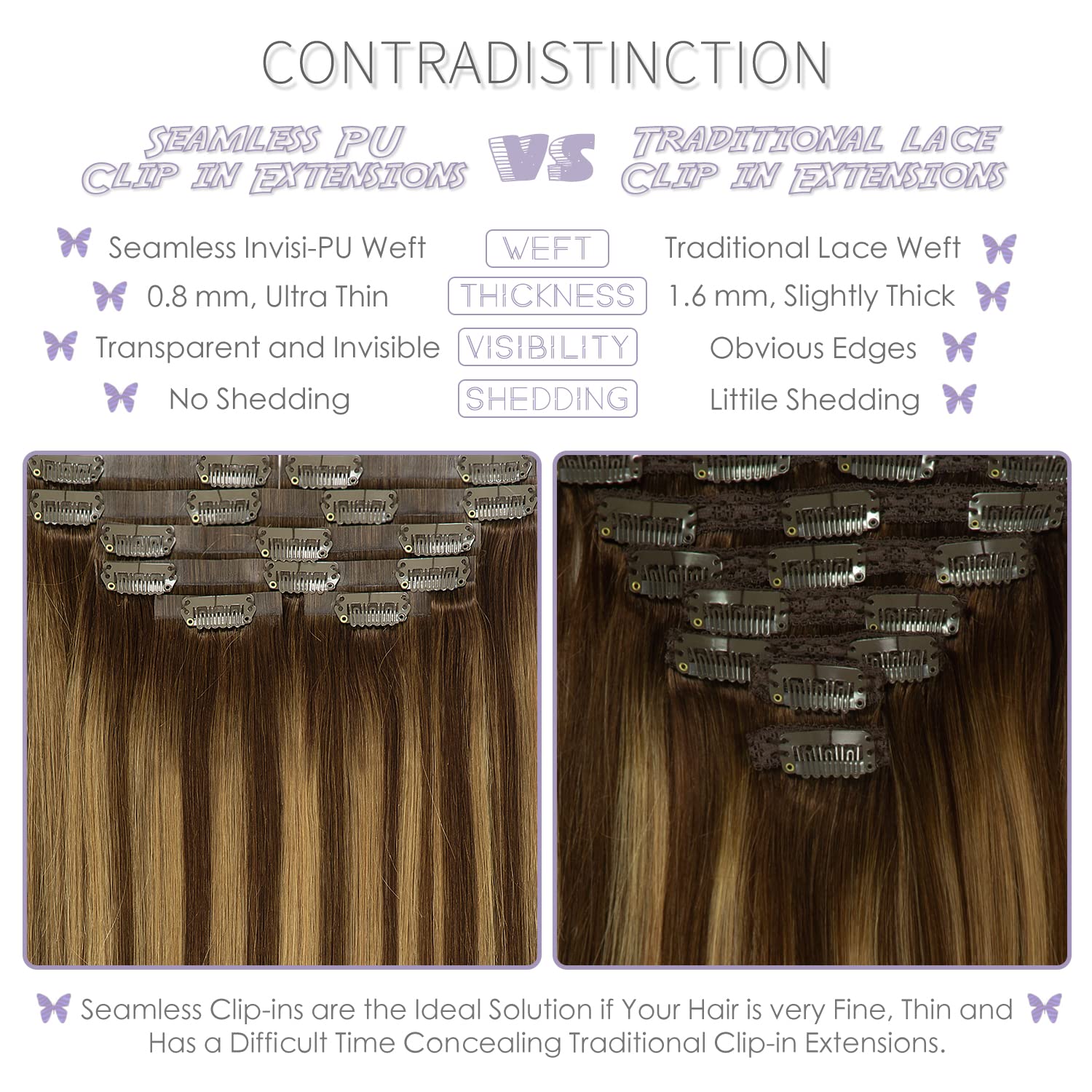 LacerHair PU Clip in Hair Extensions Remy Human Hair Chocolate Brown to Caramel Blonde with Brown Roots 22 Inch Thick Remy Glam