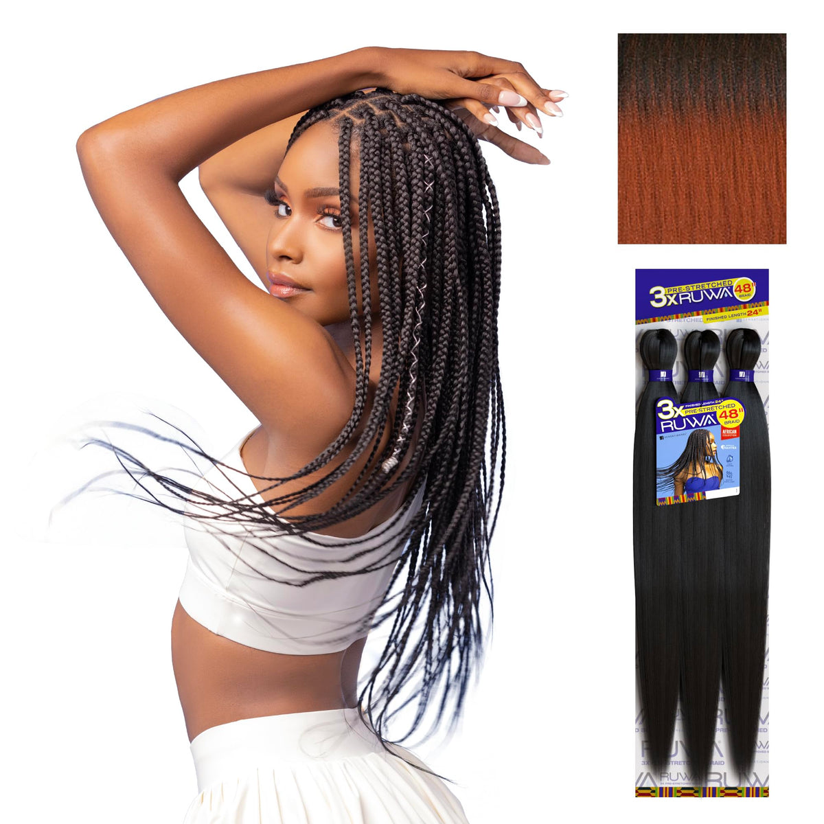 Sensationnel Ruwa Prestretched Braiding Hair - 3X 48 Inch Water Repellent Kanekalon Fast Dry Synthetic Sports Itch Free (1 Pack,