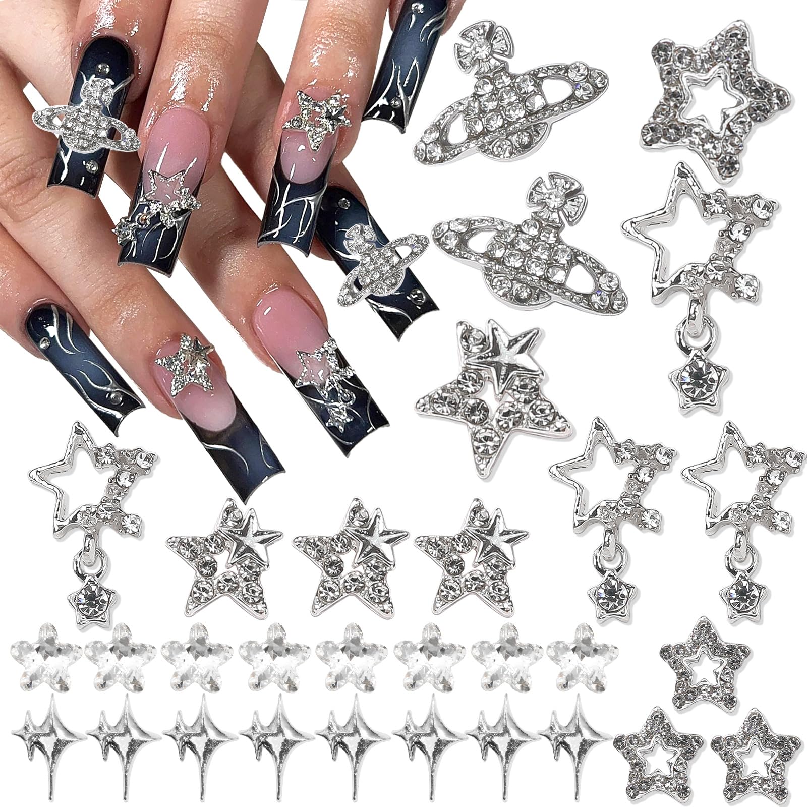 RODAKY 30PCS Star Nail Charms Silver 3D Planet Nail Art Charms Rhinestone Shiny Starlight Nail Jewelry Gems Y2K Charms for Acryl