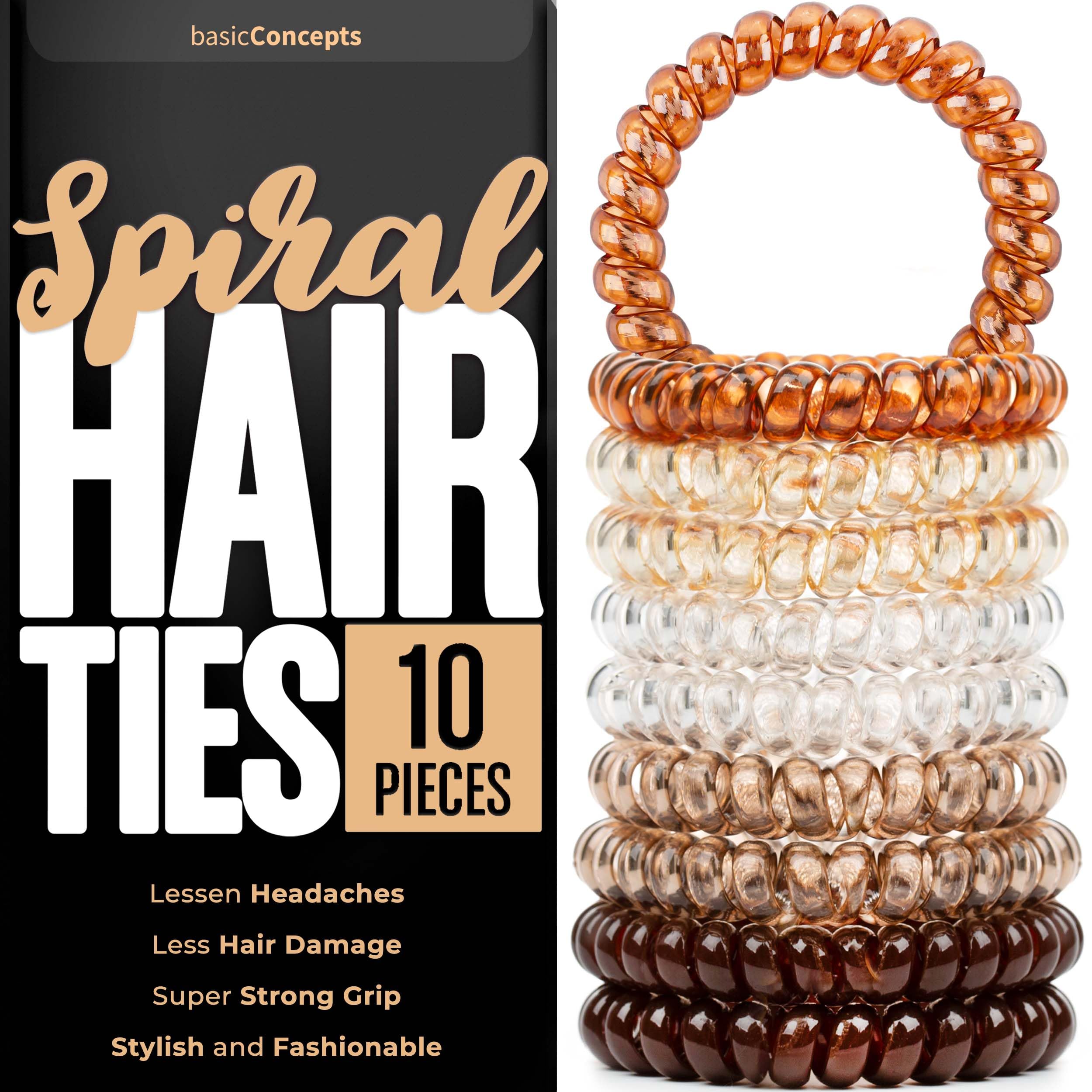 Spiral Hair Ties (10 Pieces), Coil Ponytail Holders for Women's Thick Hair, No Crease Plastic Ties for All Hair Types (Assorted 