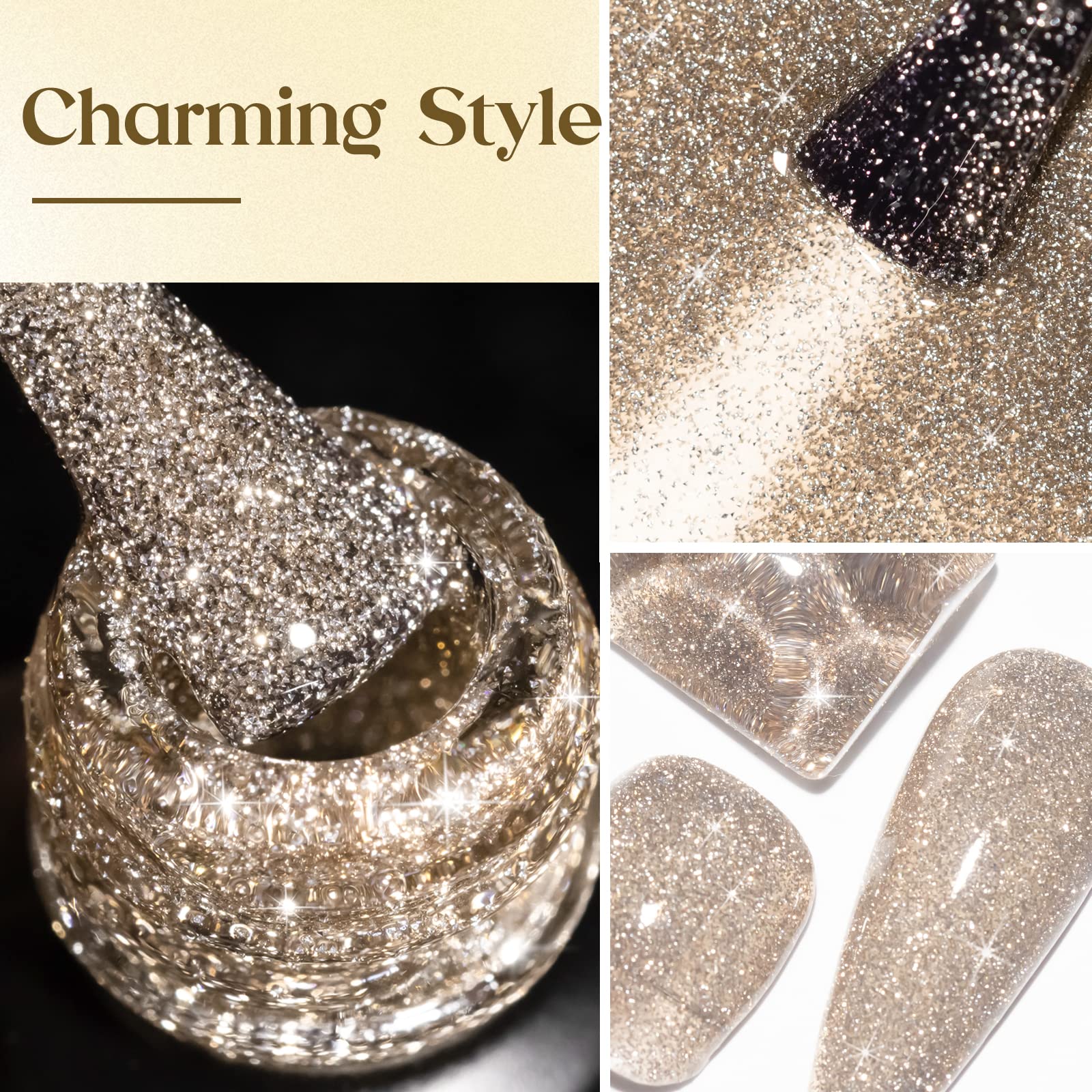 Mizhse Reflective Glitter Gel Nail Polish, Light Gold Sparkly Shiny Gel Polish, Shimmer Nail Gel Soak Off Nail Art Manicure Diy