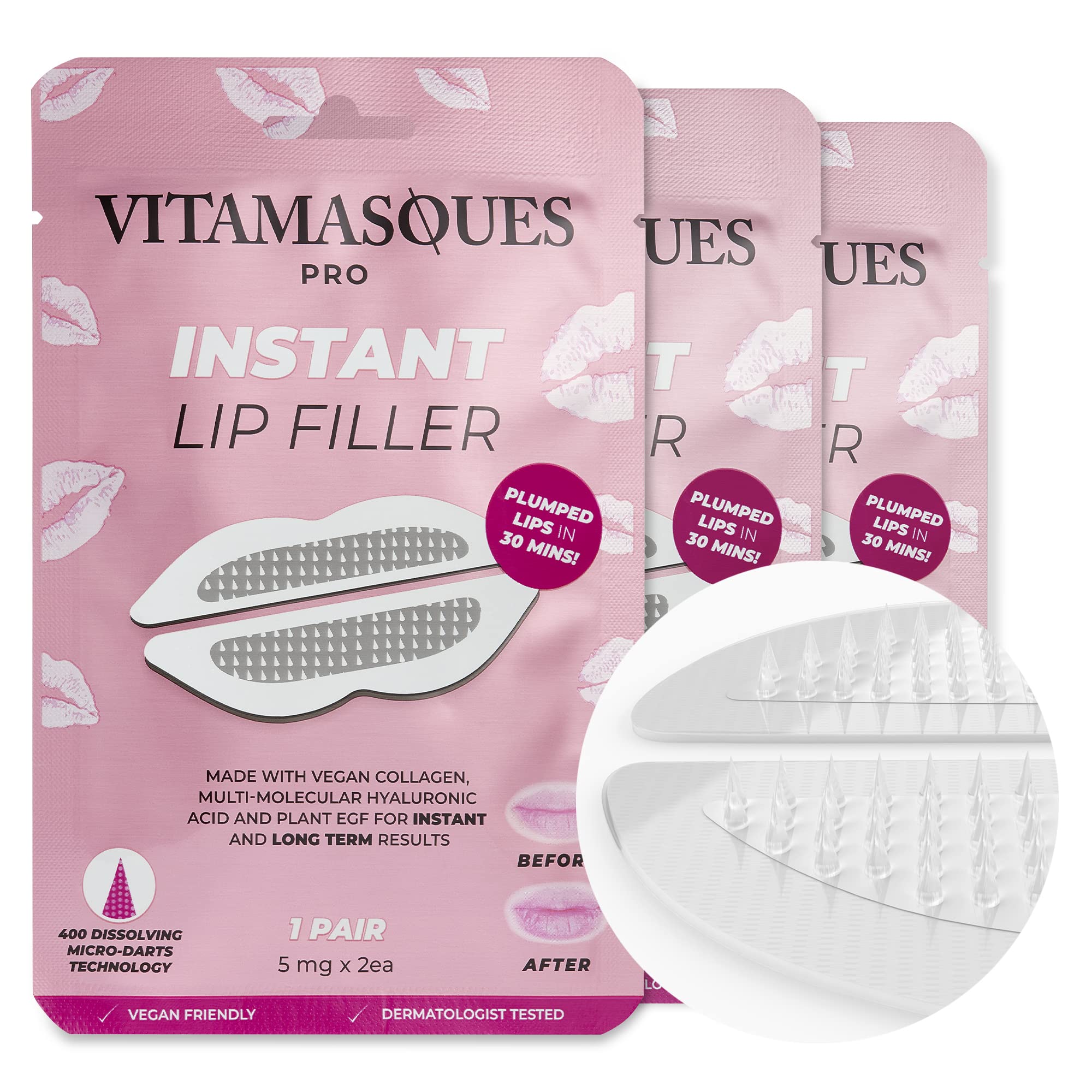 Vitamasques Instant Lip Filler - Vegan Collagen, Multi-Molecular Hyaluronic Acid, 3 Pack for Plumped Lips in 30 Mins